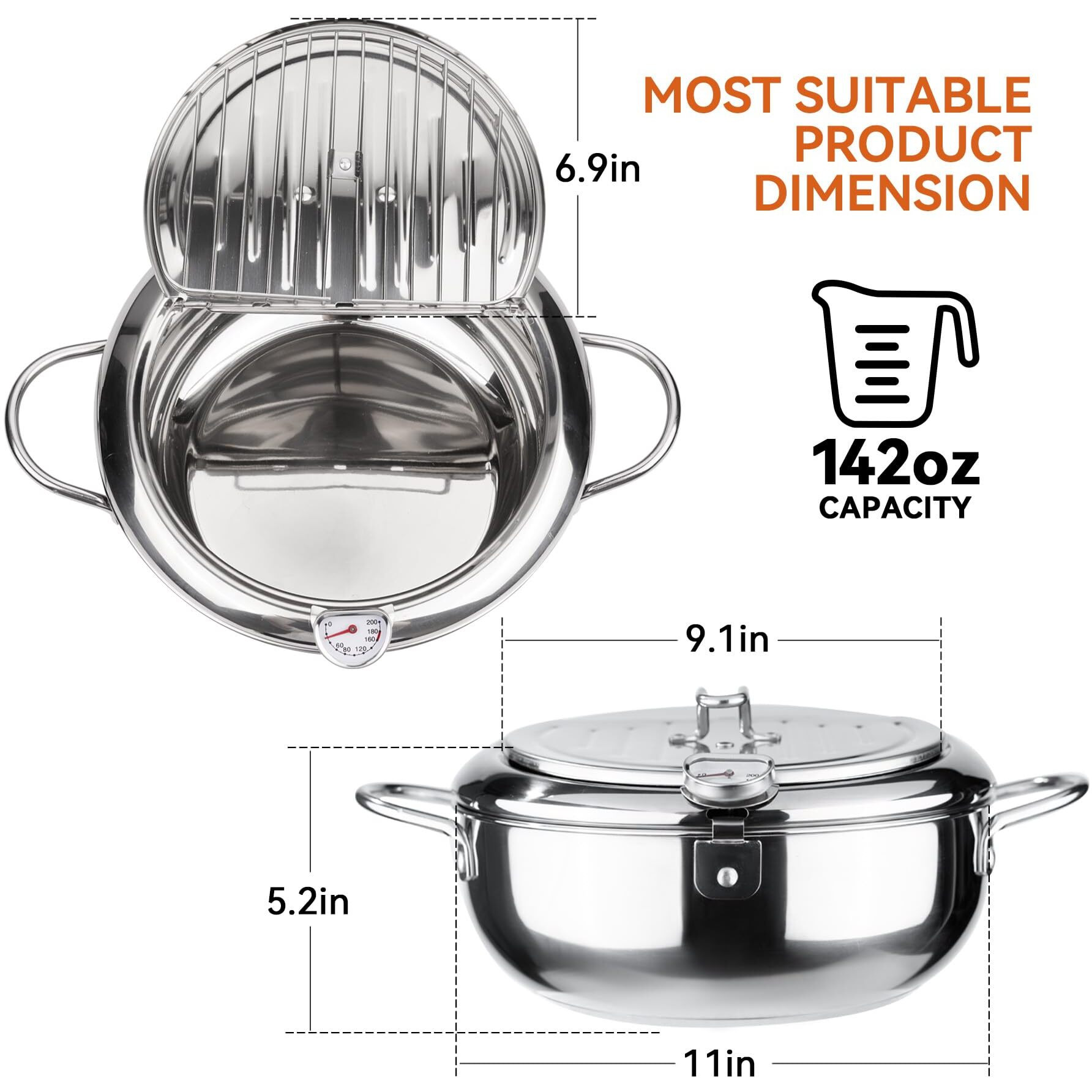 Kerilyn Deep Fryer Pot, 11 Inch/4.2 L Janpanese Style Tempura Frying Pot With Lid, 304 Stainless Steel With Temperature Control And Oil Drip Drainer Rack, For Kitchen French Fries, Chicken Etc