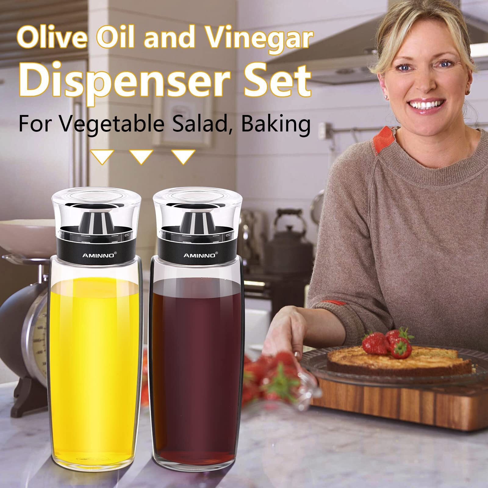 Aminno Oil And Vinegar Dispenser 2 Pack, Olive Oil And Vinegar Cruet Dispenser Bottle,Wide Opening(Easy Refilling) With Lids, Sealed Leakproof, Glass Oil Bottle For Kitchen Cooking, 9.5Oz/280Ml