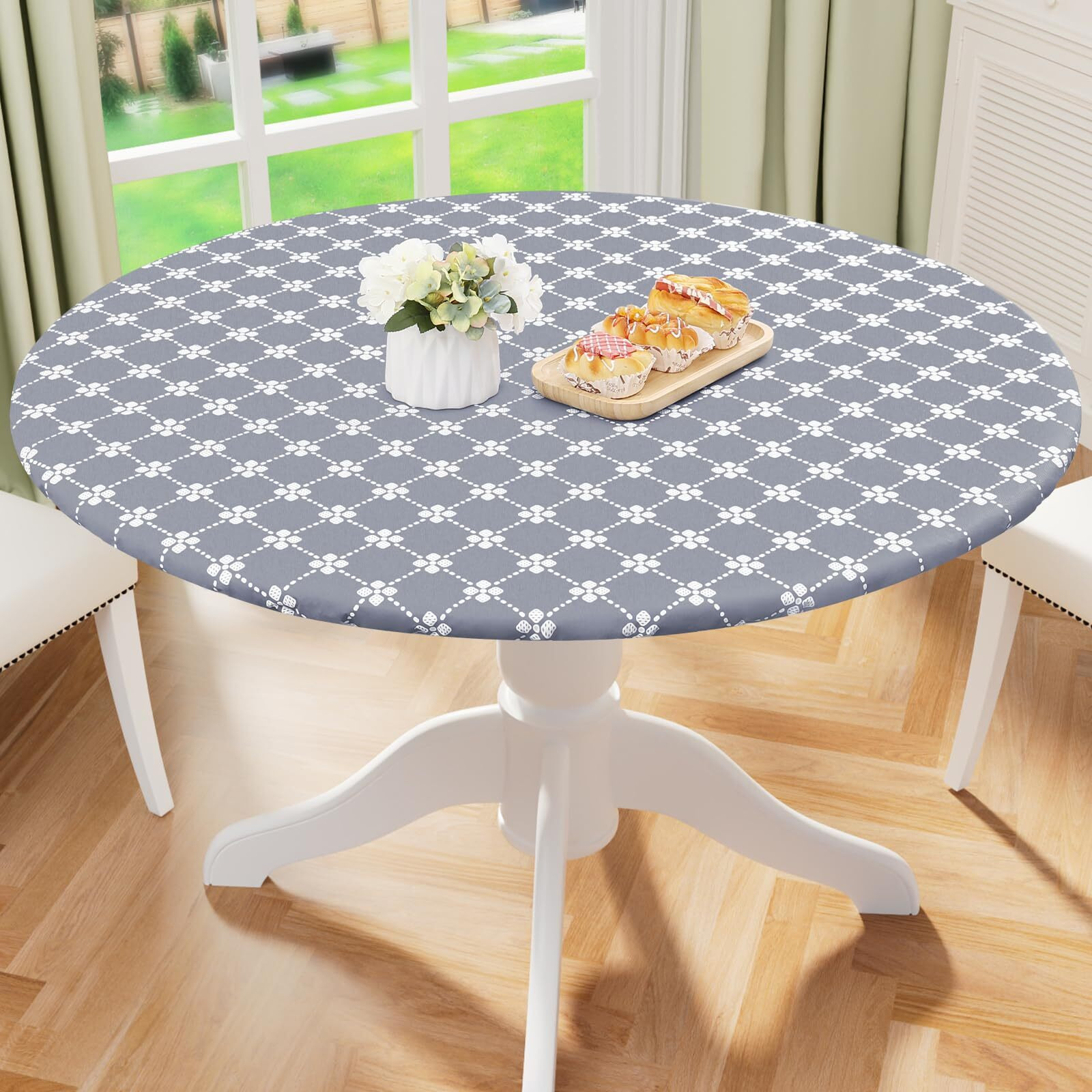Misaya Round Fitted Tablecloth With Elastic Edge, 100% Waterproof Oil Proof Plastic Table Cover, Vinyl Flannel Backed Tablecloth Fits 36""-44"" Round Tables For Dinner, Outdoor, Picnic, White And Grey