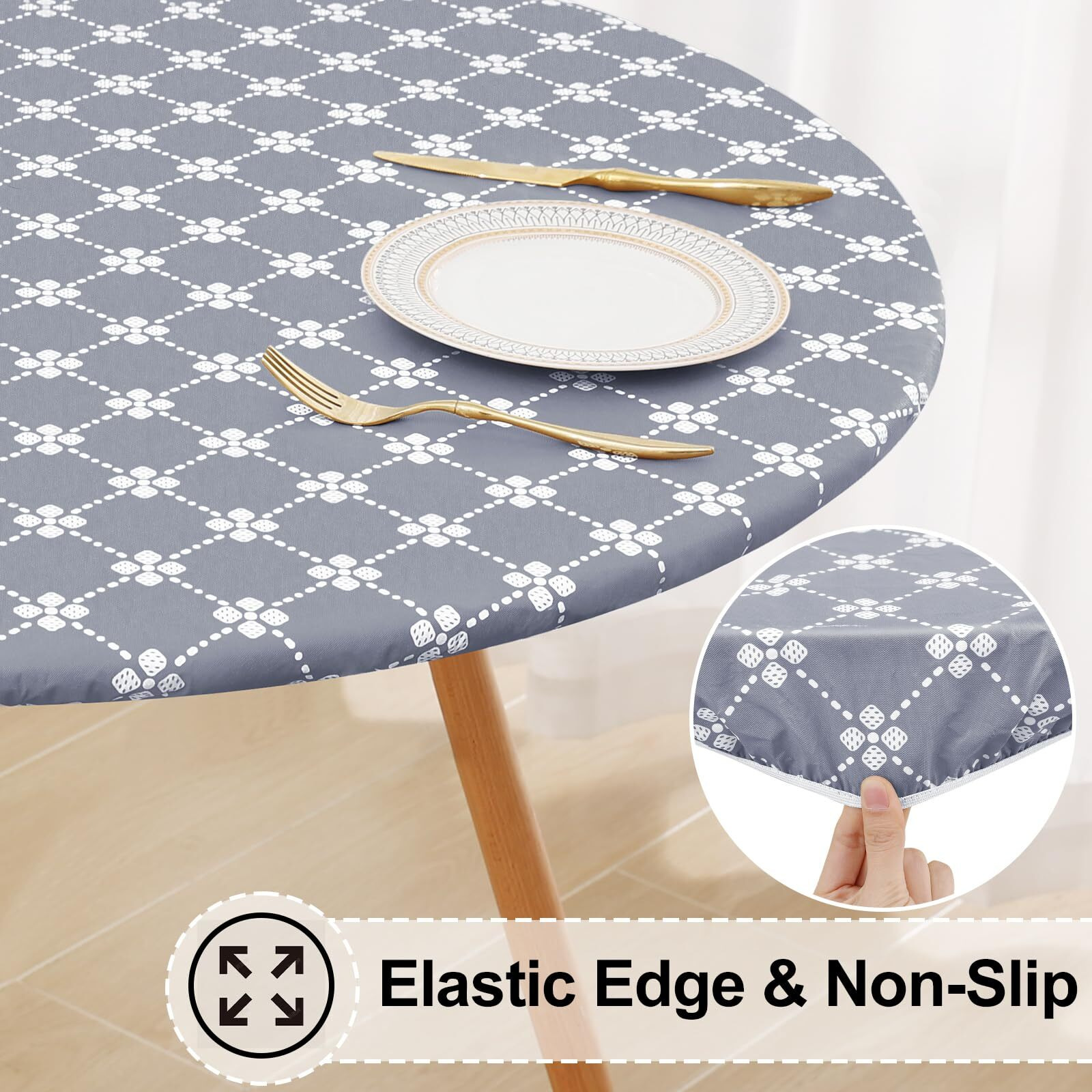 Misaya Round Fitted Tablecloth With Elastic Edge, 100% Waterproof Oil Proof Plastic Table Cover, Vinyl Flannel Backed Tablecloth Fits 36""-44"" Round Tables For Dinner, Outdoor, Picnic, White And Grey