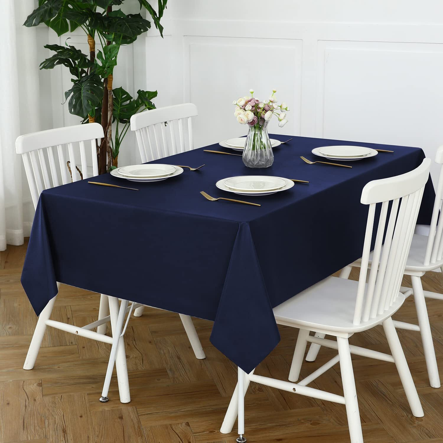 Romanstile 100% Waterproof Pvc Tablecloth, Rectangle Oil Spill Proof Stain Resistant Vinyl Table Cloth, Wipe Clean Plastic Table Covers For Kitchen/Dining/Parties - 54 X 120 Inch, Navy Blue