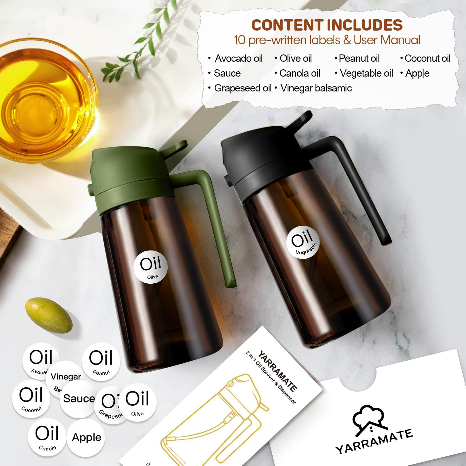 Yarramate 2Pcs 16Oz/470Ml Dark Brown Oil Sprayer For Cooking With Stickers, Food-Grade Premium 2 In 1 Olive Oil Dispenser Bottle For Kitchen Gadgets, Air Fryer, Salad, Frying, Bbq (Black&Olivegreen)
