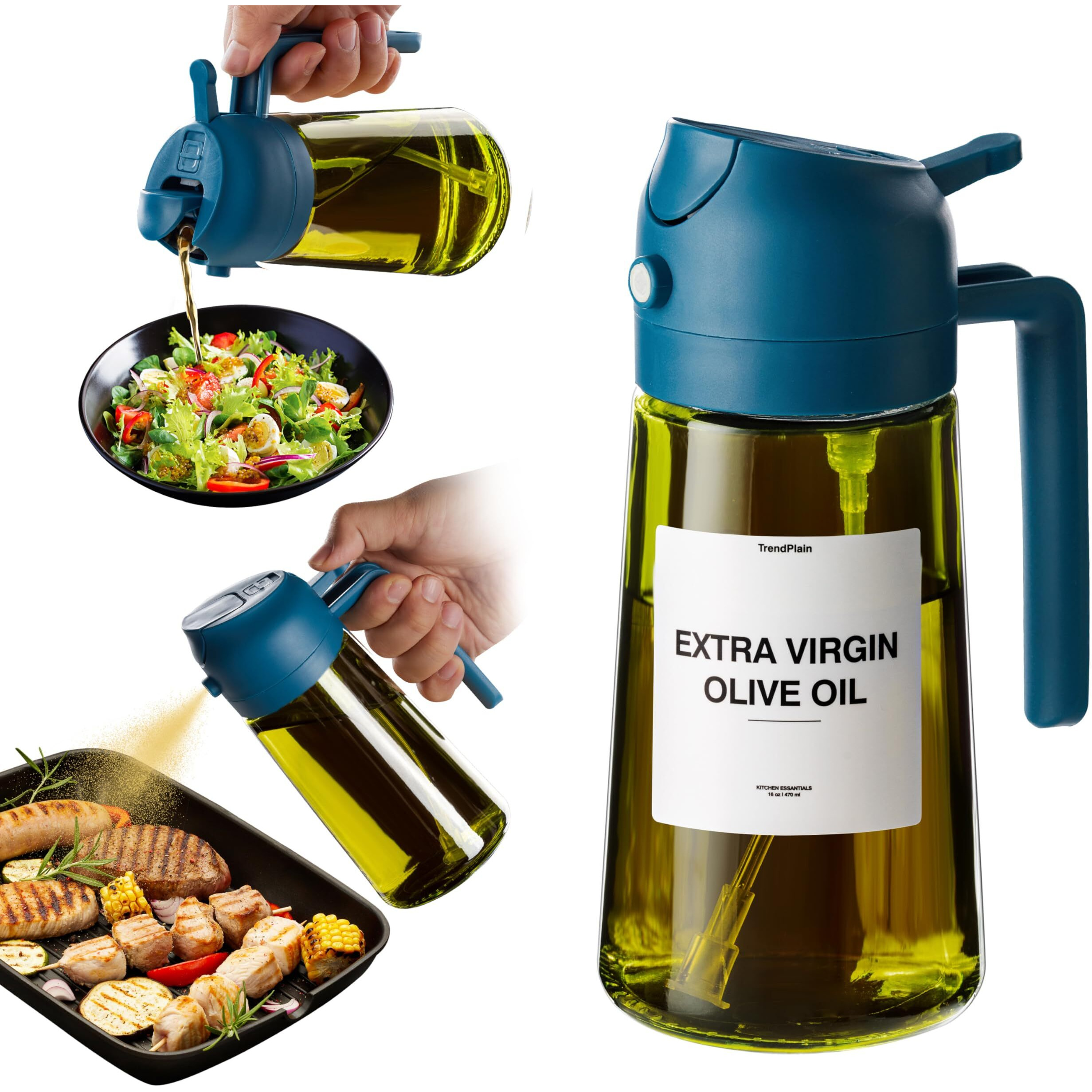 Trendplain - Original 16Oz/470Ml Olive Oil Dispenser Bottle For Kitchen Gadgets And Air Fryer Accessories - Olive Oil Sprayer For Cooking W/Stickers - Navy