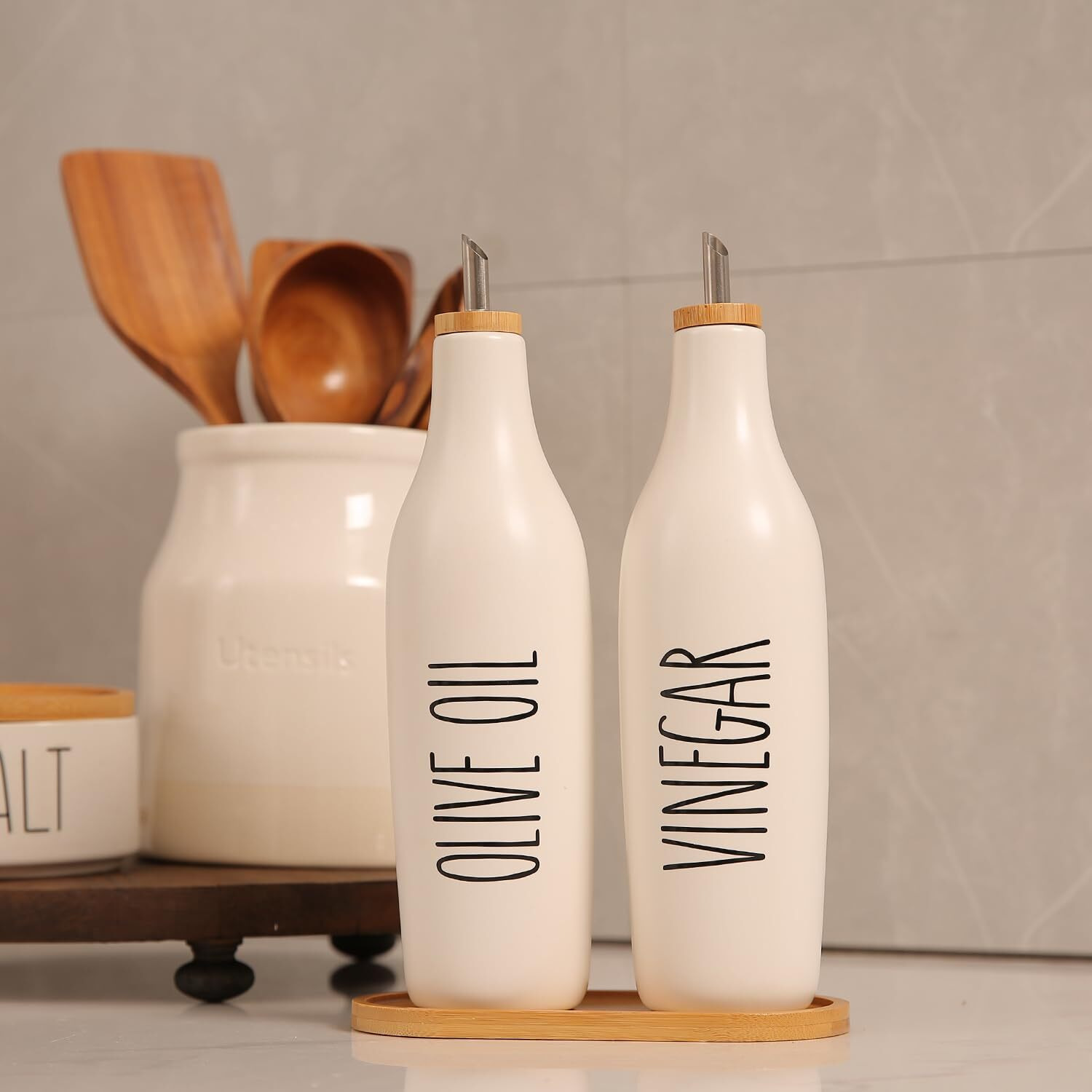Homcdaly Olive Oil And Vinegar Dispenser Set, 16Oz Ceramic Oil Dispenser For Kitchen, Kitchen Dispenser Bottle For Evoo Vinegar Syrups, Modern Farmhouse Design | Set Of 2 - P-White