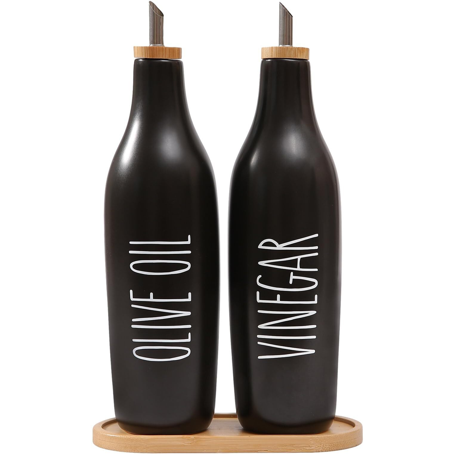 Homcdaly Olive Oil And Vinegar Dispenser Set, Ceramic Oil And Vinegar Bottles With Bamboo Tray, 16.9Oz Kitchen Cruet - Set Of 2 - Black
