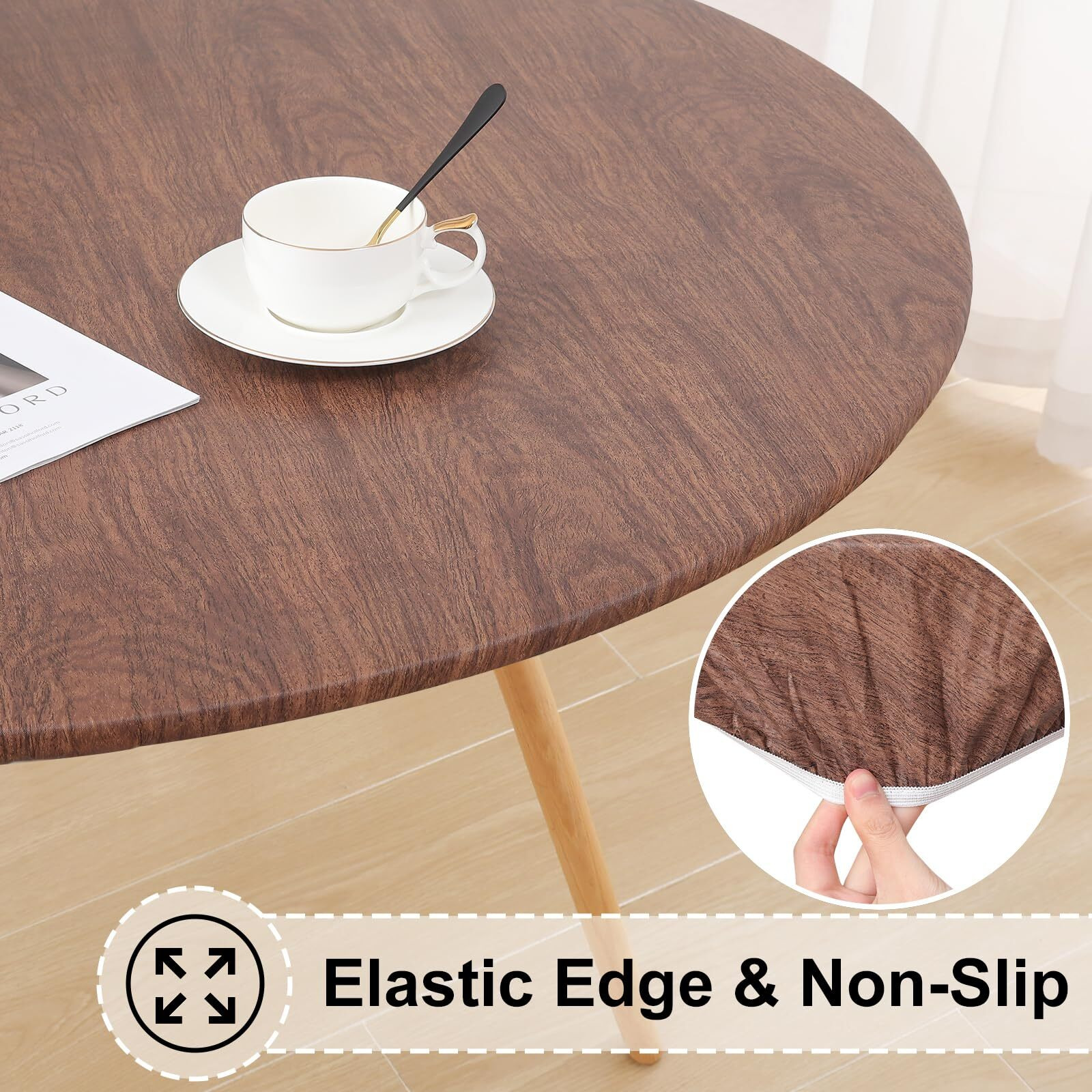 Misaya Round Fitted Tablecloth With Elastic Edge, 100% Waterproof Oil Proof Plastic Table Cover, Vinyl Flannel Backed Tablecloth Fits 57""-66"" Round Tables For Dinner, Outdoor, Picnic, Oak Wooden Grain