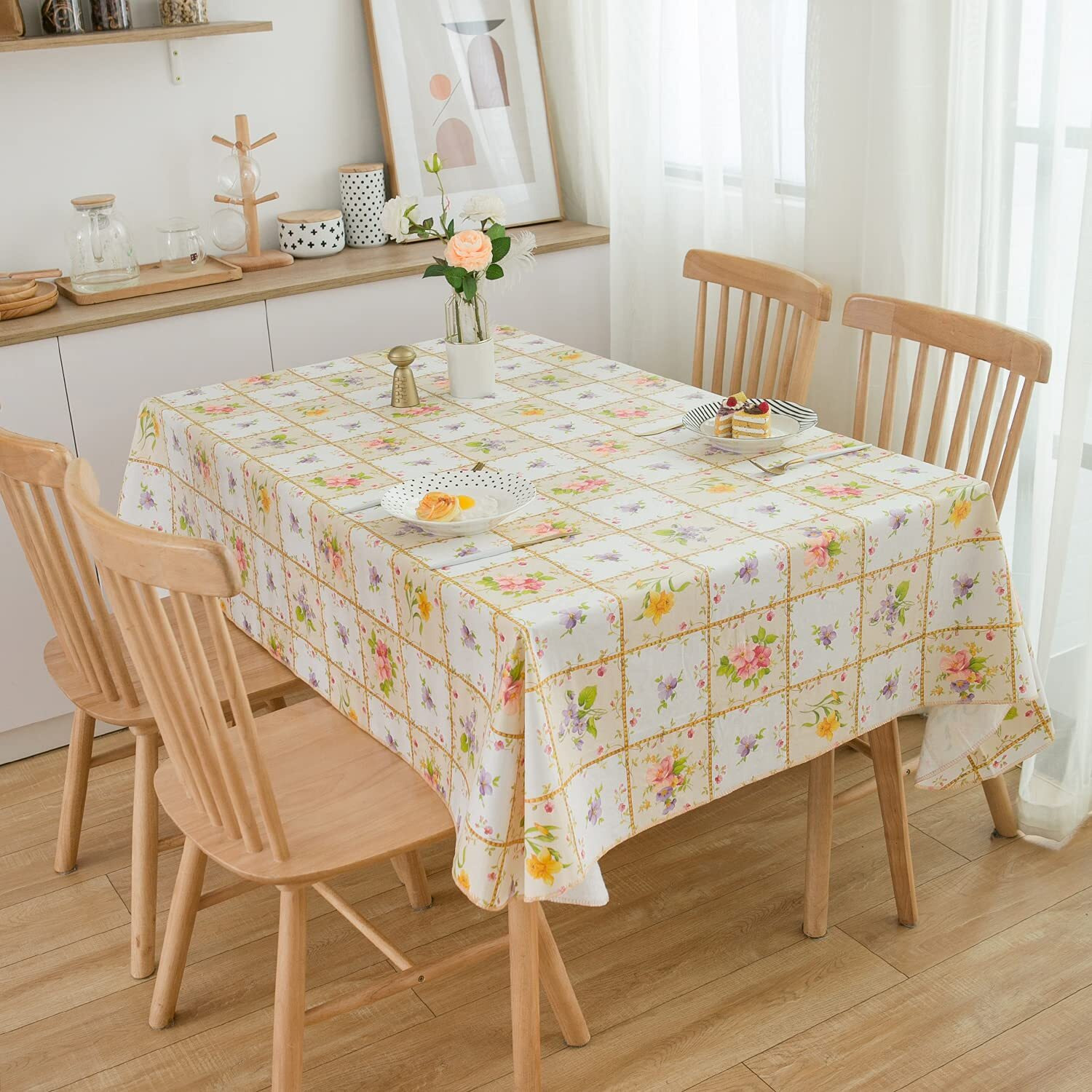Vinyl Tablecloth With Flannel Backed Waterproof Oil-Proof Pvc Table Cloth Wipeable Spill-Proof Plastic Table Cover For Indoor And Outdoor(Colorful Flowers, 60 X 84 Inch Rectangle)