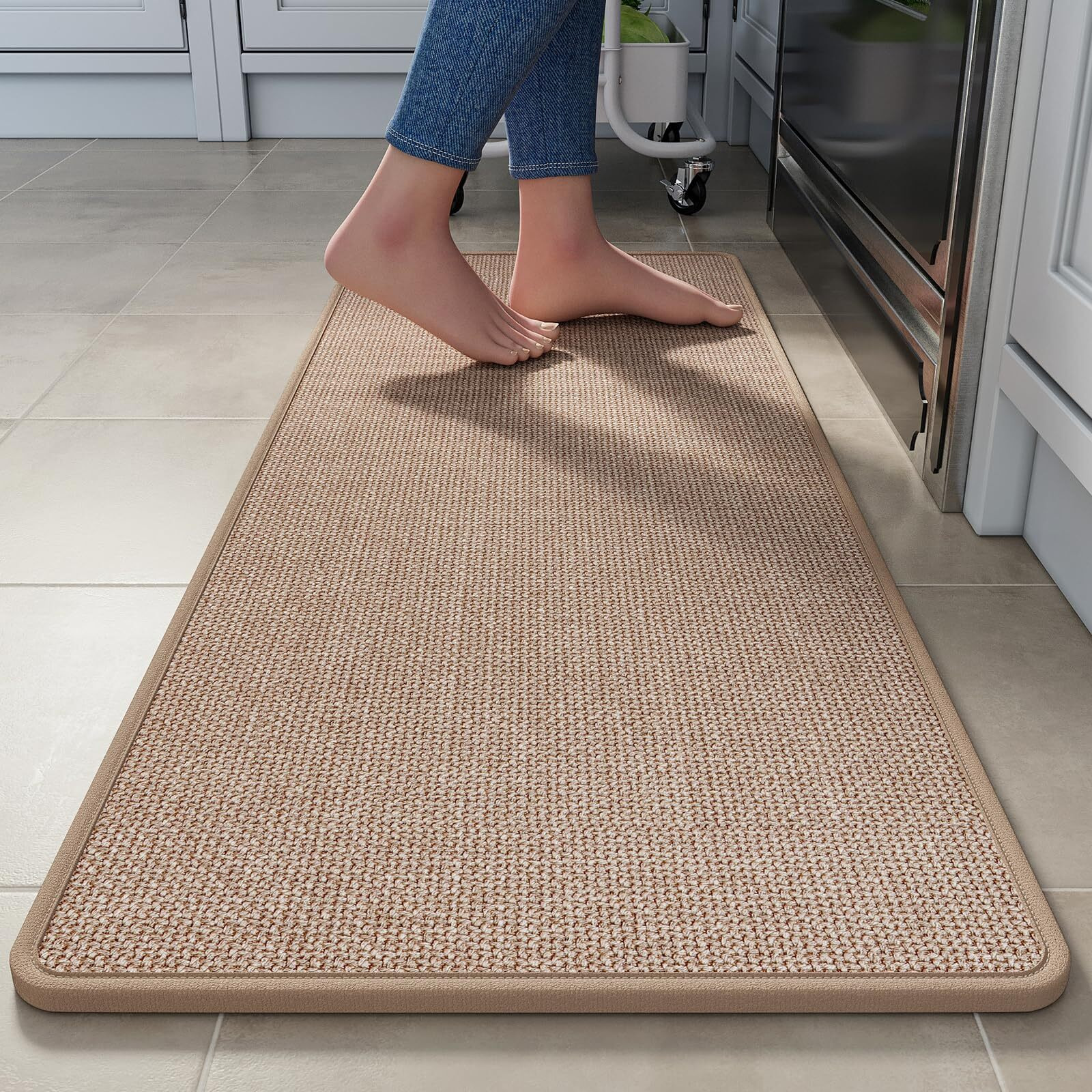 Ydkgl Anti Fatigue Kitchen Mats For Floor, Kitchen Rugs Non Slip Washable, Super Absorbent Oil And Water Linen-Look Woven Runner Rug, Kitchen Sink Mat Standing Mat For Kitchen, Brown 17"&quotX47""