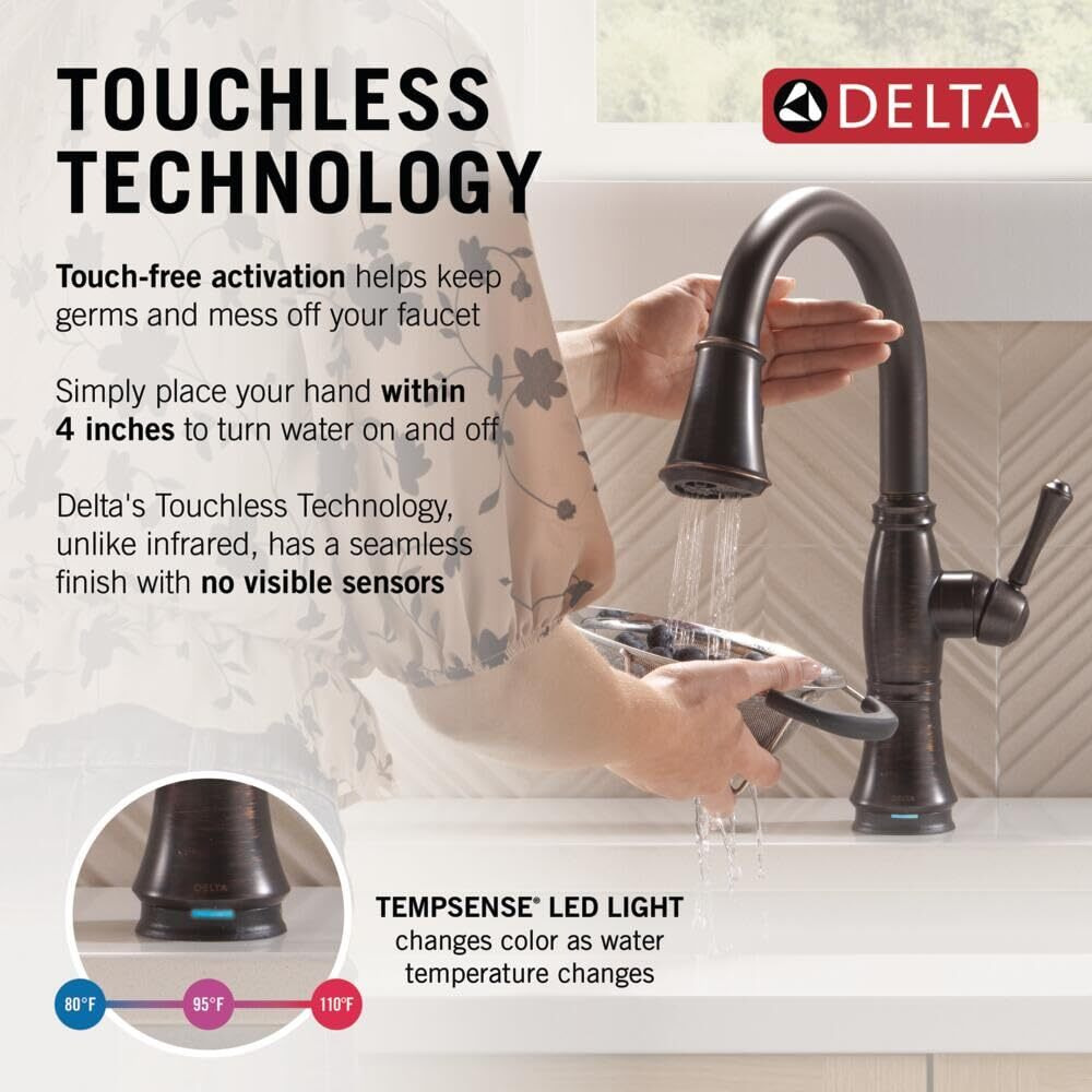 Delta Cassidy Touchless Kitchen Faucet With Touch Technology, Oil Rubbed Bronze Kitchen Sink Faucet With Pull Down Sprayer, Single Hole, Venetian Bronze 9197Tl-Rb-Dst