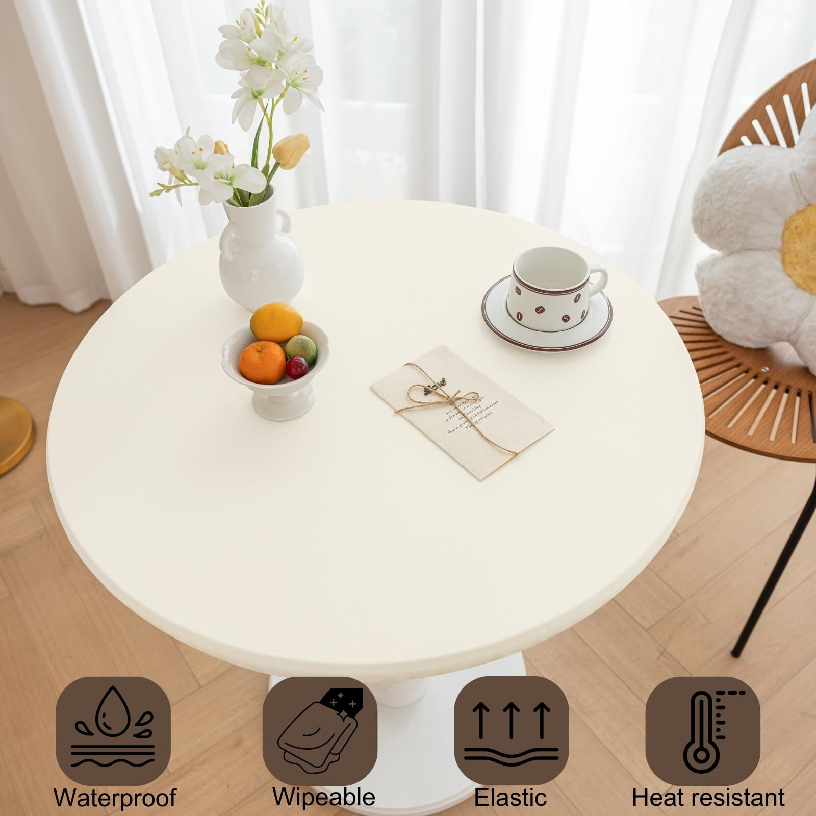 Huierxun Round Fitted Pu Tablecloth With High Elastic Edge 35 Inch Dia Waterproof Oil Proof Table Cloth Anti-Scald Stain-Resistant Wipeable Table Cover For Indoor Outdoor Picnic (Cream,35"" Dia)
