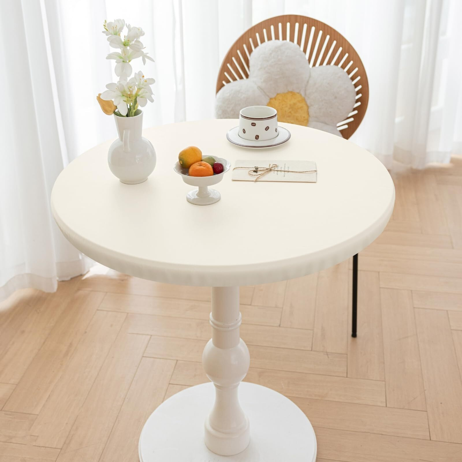 Huierxun Round Fitted Pu Tablecloth With High Elastic Edge 35 Inch Dia Waterproof Oil Proof Table Cloth Anti-Scald Stain-Resistant Wipeable Table Cover For Indoor Outdoor Picnic (Cream,35"" Dia)