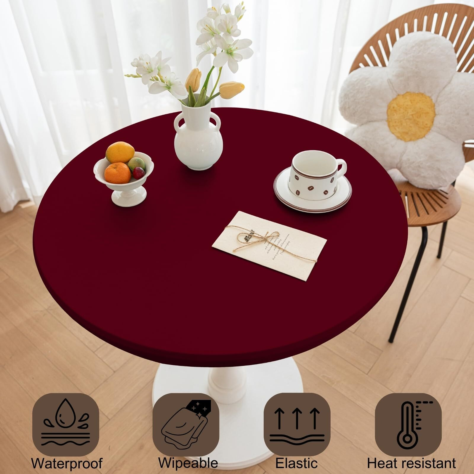 Huierxun Round Fitted Pu Tablecloth With High Elastic Edge 24 Inch Dia Waterproof Oil Proof Table Cloth Anti-Scald Stain-Resistant Wipeable Table Cover For Indoor Outdoor Picnic (Red,24"" Dia)