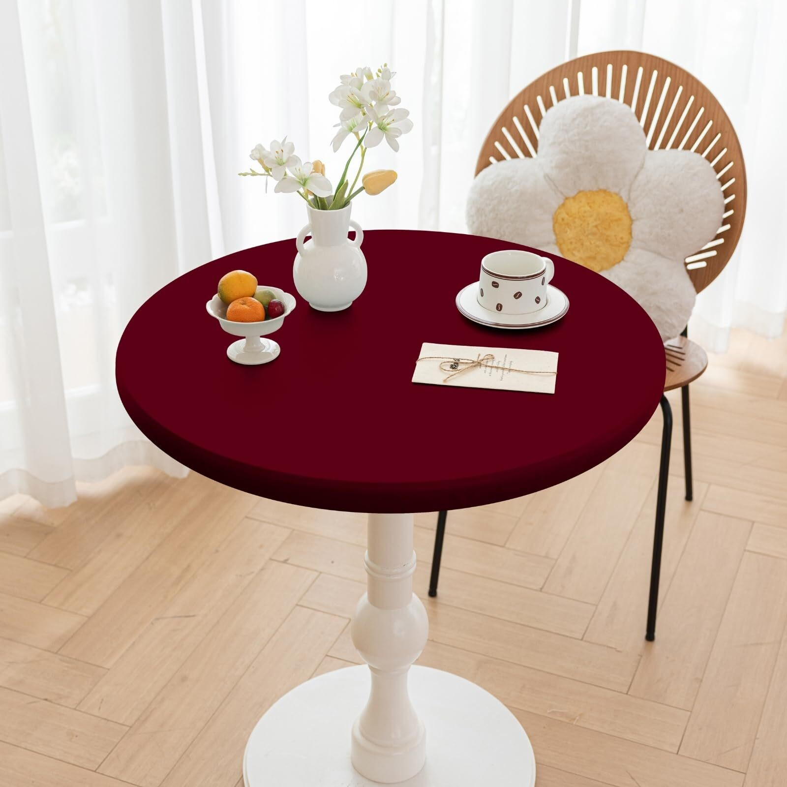 Huierxun Round Fitted Pu Tablecloth With High Elastic Edge 24 Inch Dia Waterproof Oil Proof Table Cloth Anti-Scald Stain-Resistant Wipeable Table Cover For Indoor Outdoor Picnic (Red,24"" Dia)