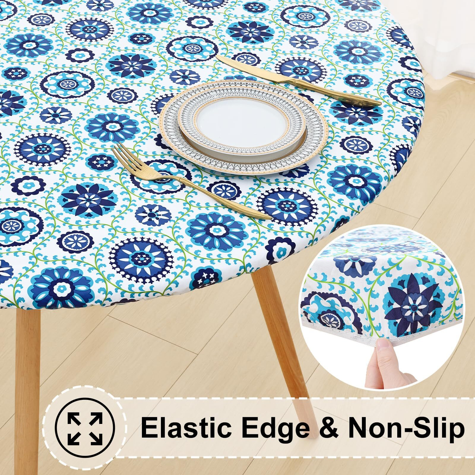 Misaya Round Fitted Tablecloth With Elastic Edge, 100% Waterproof Oil Proof Plastic Table Cover, Vinyl Flannel Backed Tablecloth Fits 36""-44"" Round Tables For Dinner, Outdoor, Picnic, Navy Mandala