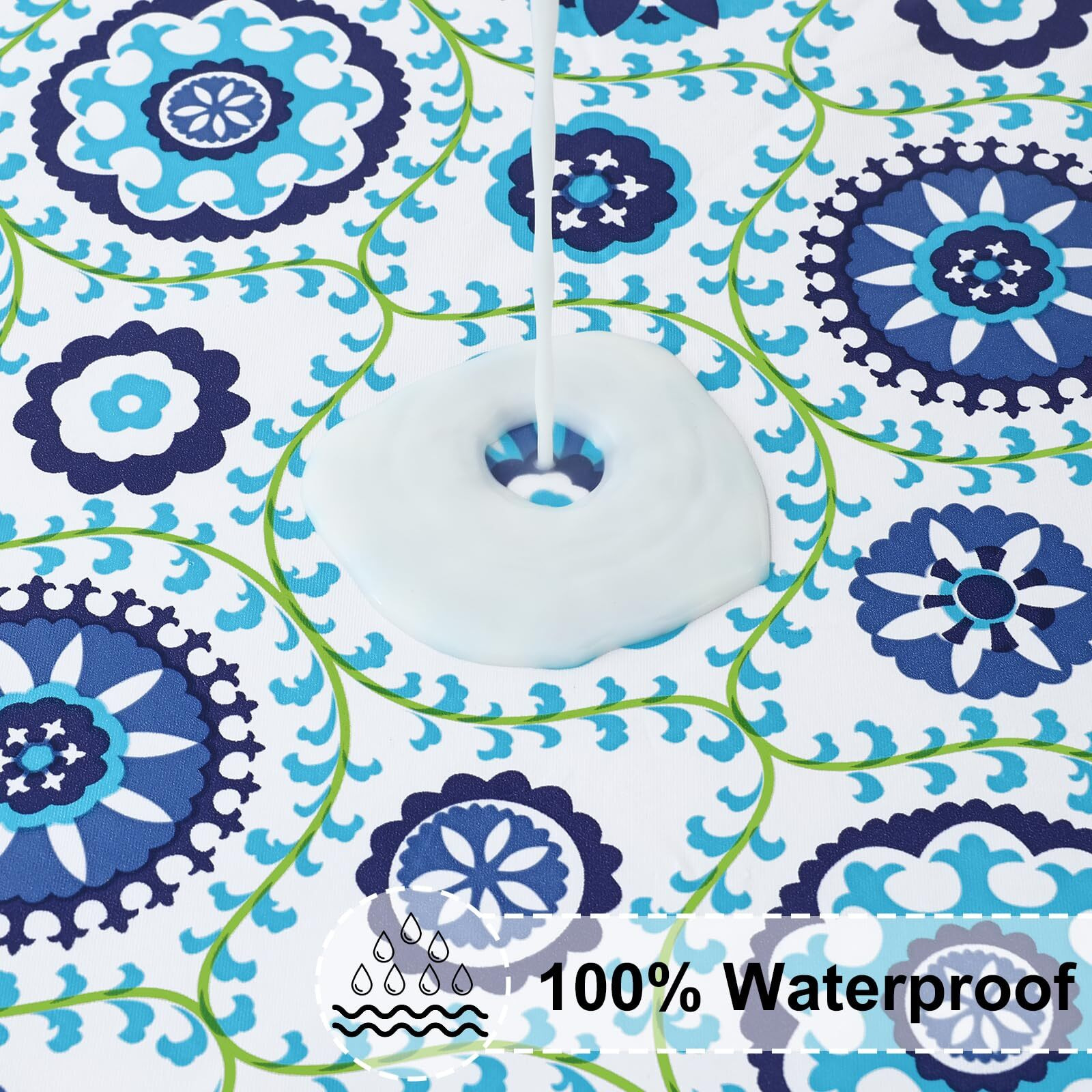 Misaya Round Fitted Tablecloth With Elastic Edge, 100% Waterproof Oil Proof Plastic Table Cover, Vinyl Flannel Backed Tablecloth Fits 36""-44"" Round Tables For Dinner, Outdoor, Picnic, Navy Mandala