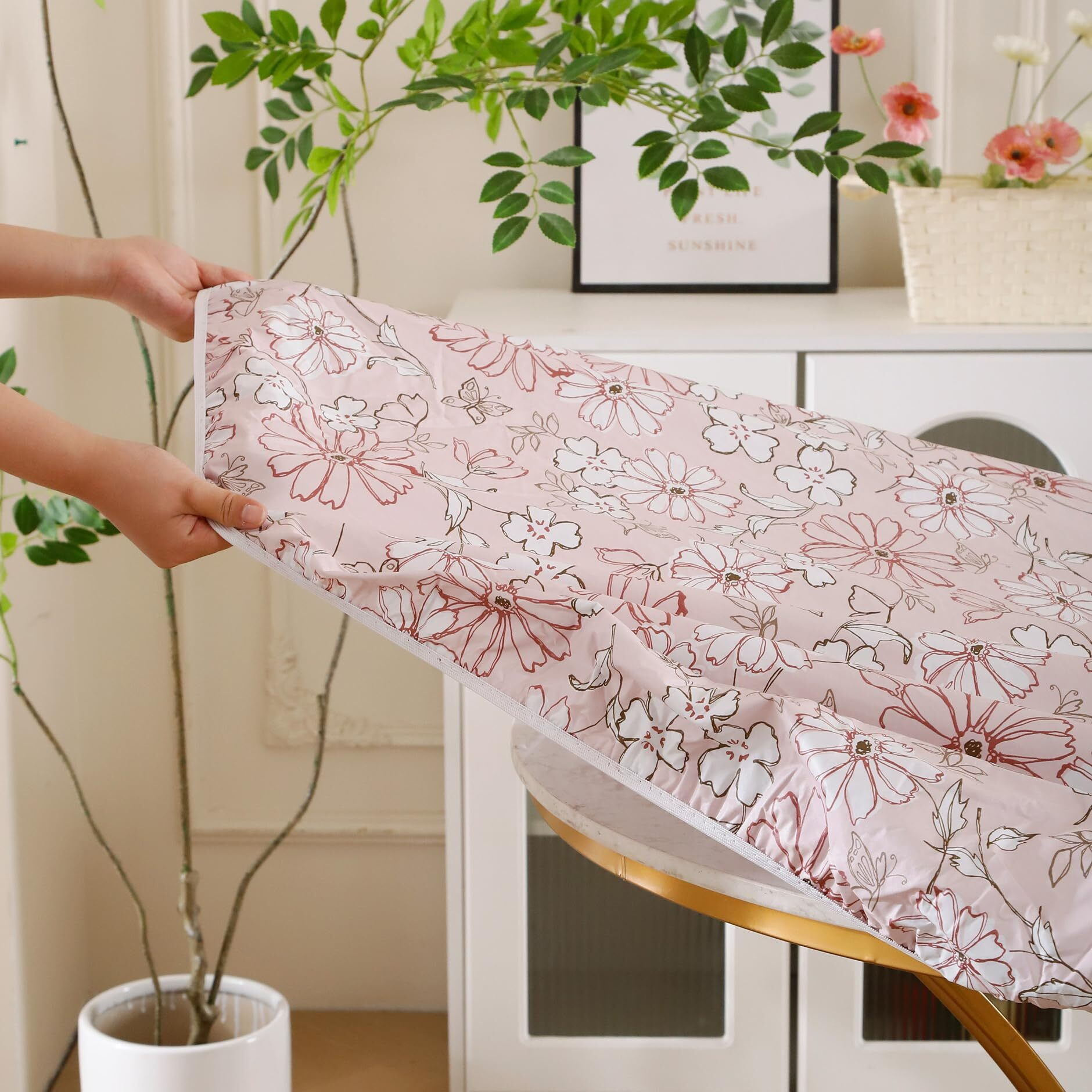 Round Vinyl Fitted Tablecloth With Flannel Backing Elastic Edge Design Table Cover Waterproof Oil-Proof Pvc Table Cloth Stain-Resistant Best For 57""-66"" Round