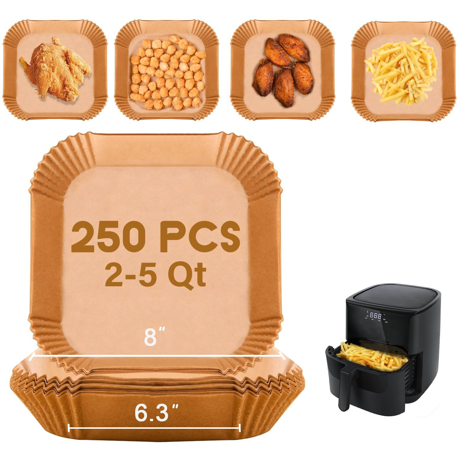 Golden Associate Disposable Paper Liner Square 250 Pcs For 2 To 5 Qt Air Fryer Baskets, Non-Stick Oil-Proof Parchment Liner Cooking Paper