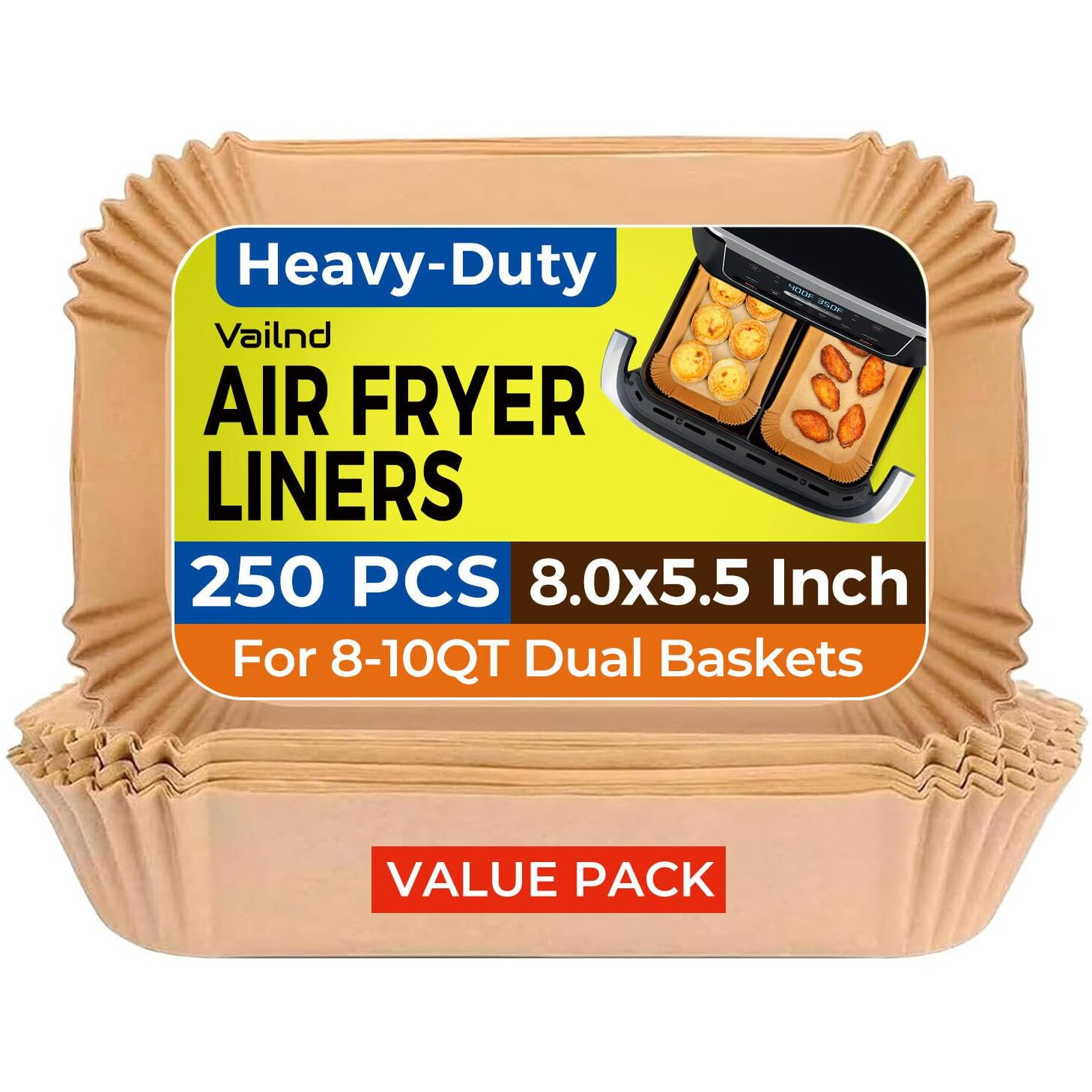 Air Fryer Liners Disposable For Dual Basket, 250Pcs 8X5.5 Inch Rectangular Parchment Paper For Ninja Dz201 Dz401, Chefman/Cosori 2-Basket Air Fryer, Oil Proof Baking Paper Sheets By Vailnd