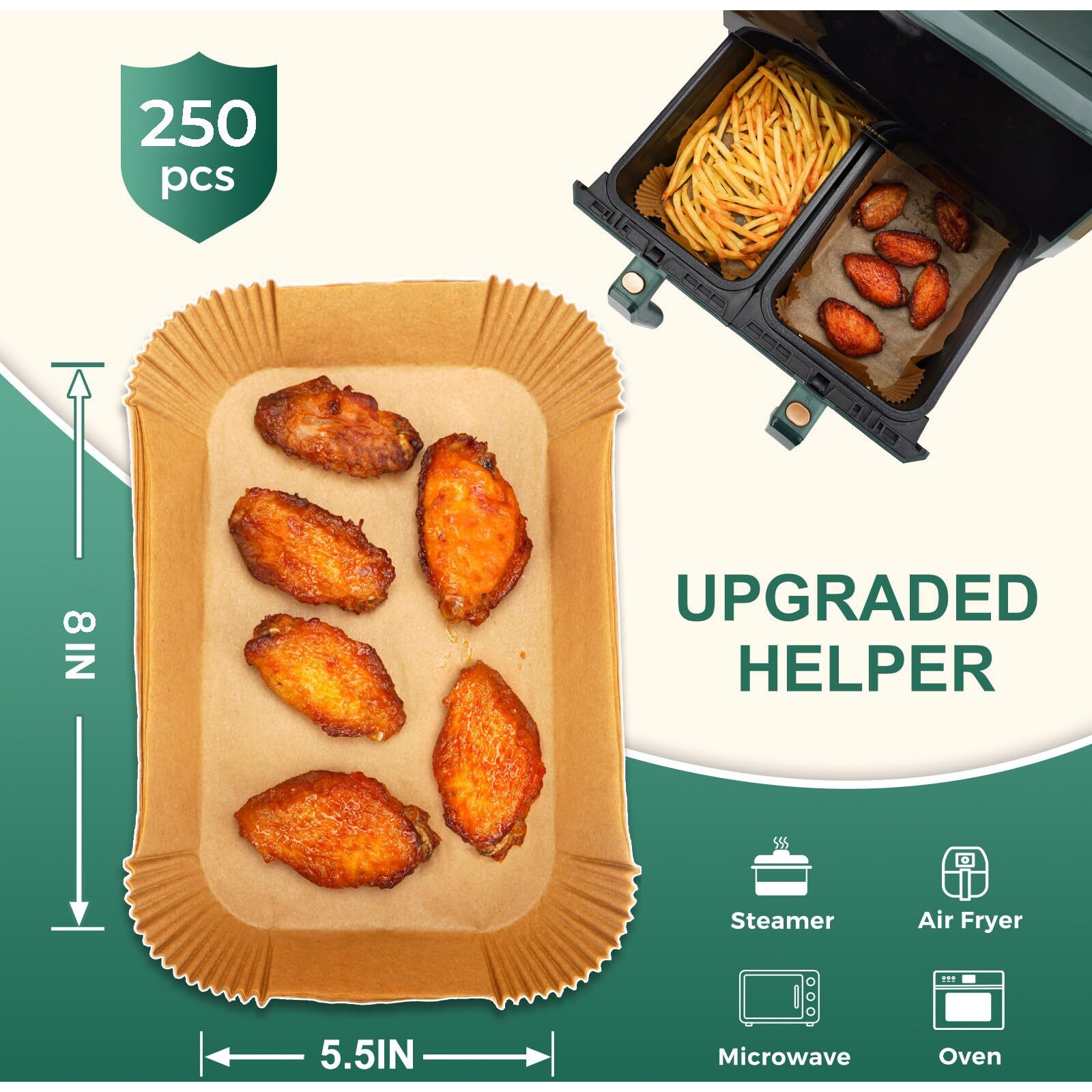 Air Fryer Liners Disposable For Dual Basket, 250Pcs 8X5.5 Inch Rectangular Parchment Paper For Ninja Dz201 Dz401, Chefman/Cosori 2-Basket Air Fryer, Oil Proof Baking Paper Sheets By Vailnd