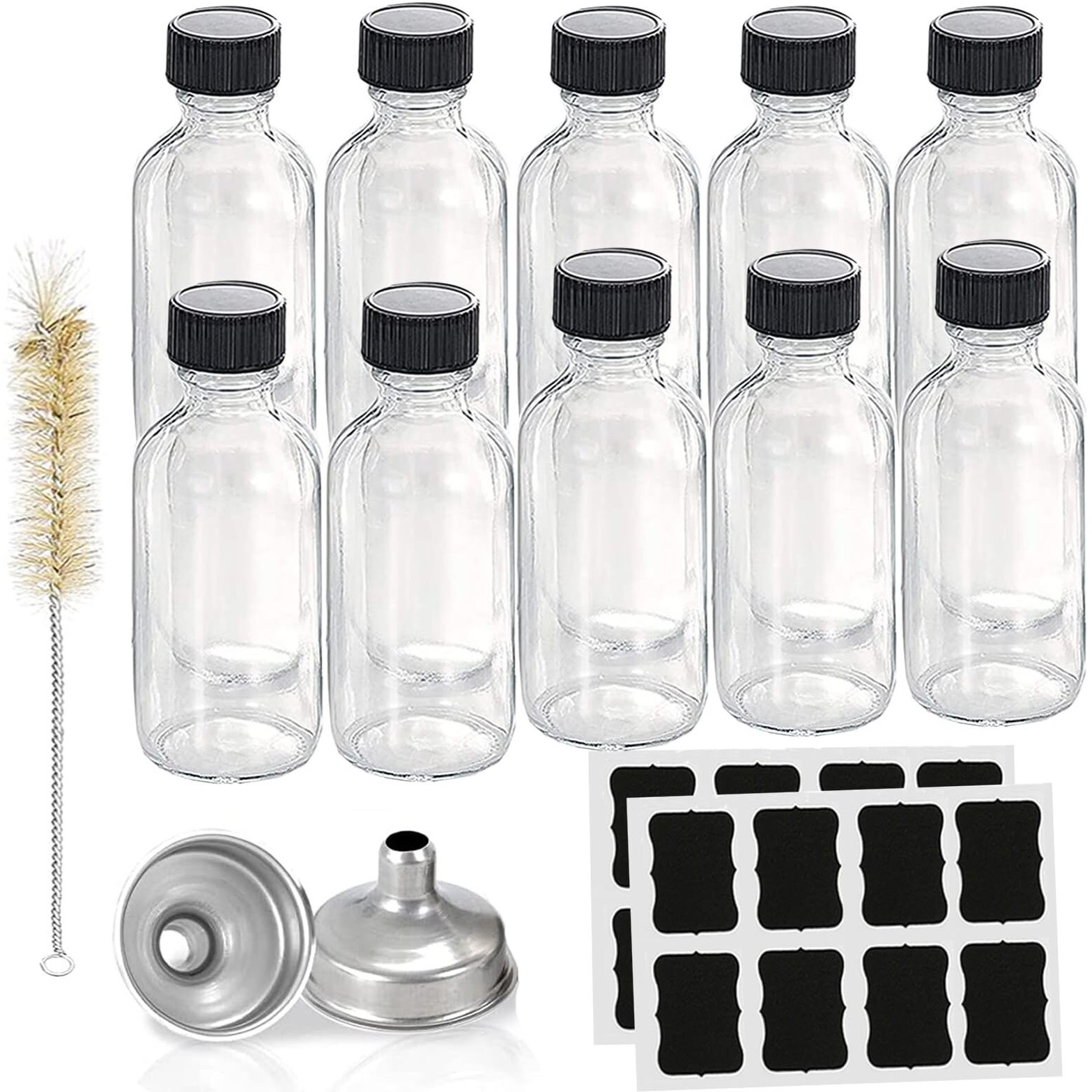 Hadatido 10Pack 4Oz Glass Bottles With Caps,Wellness Shot Jar Sample Bottles For Bourbon Whiskey,Liquor,Potion,Oils,Vanilla Extract,Tincture,Hot Sauce,Syrup,Juice,With Funnels,Labels,Brush,No Leakag
