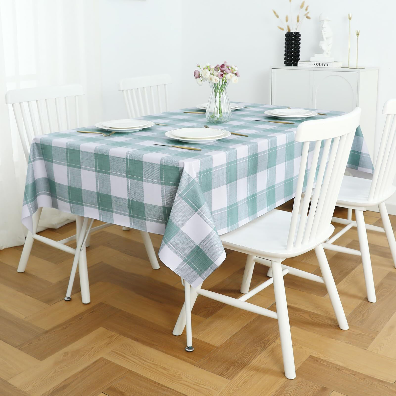 Romanstile Rectangle Plastic Tablecloth, 100% Waterproof Oil-Proof Checkered Pvc Table Cloth, Heavy Duty Vinyl Table Cover For Dining, Camping, Picnic, Outdoor - 54 X 108 Inch, Sage Green Checkered