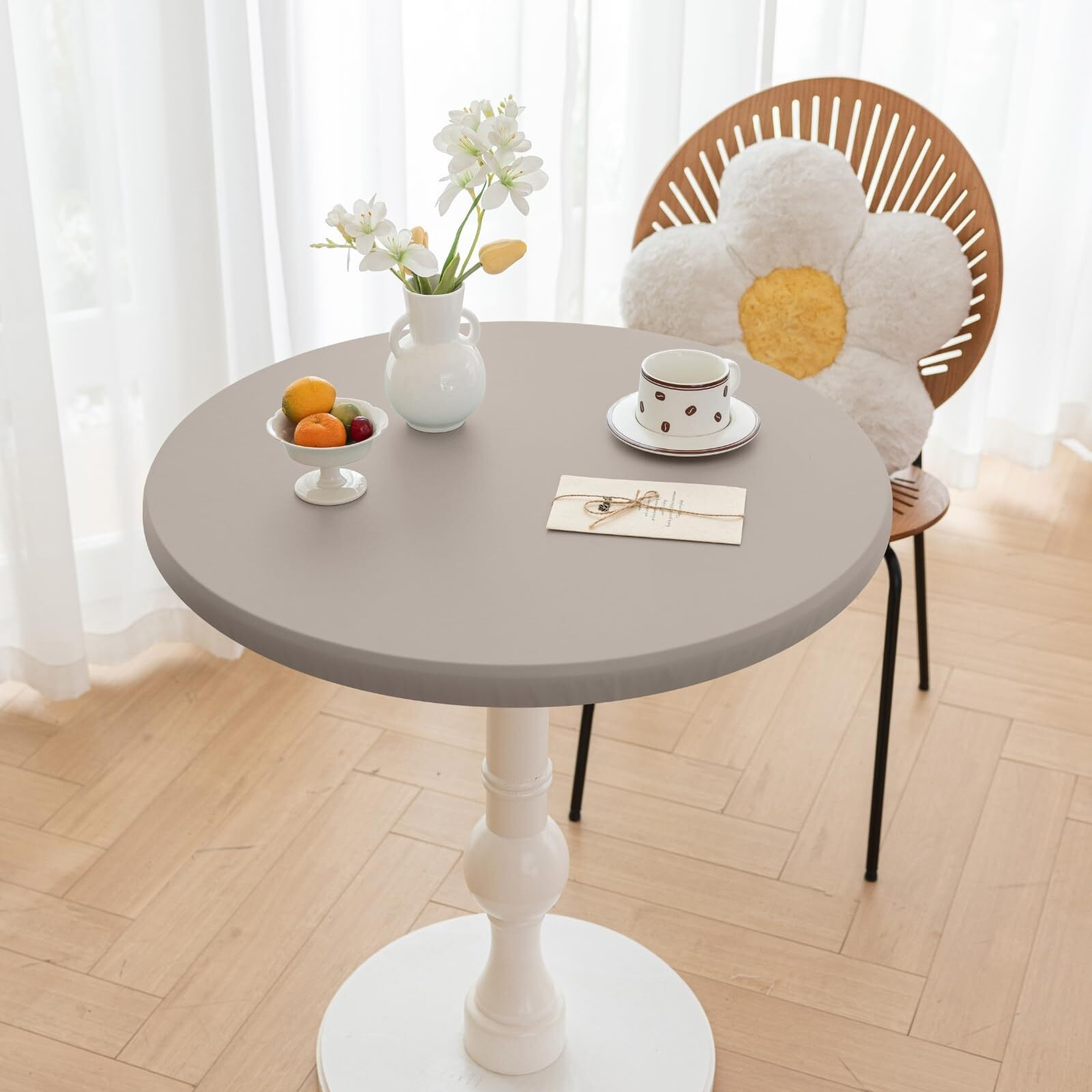 Huierxun Round Fitted Pu Tablecloth With High Elastic Edge 55 Inch Dia Waterproof Oil Proof Table Cloth Anti-Scald Stain-Resistant Wipeable Table Cover For Indoor Outdoor Picnic (Grey,55"" Dia)