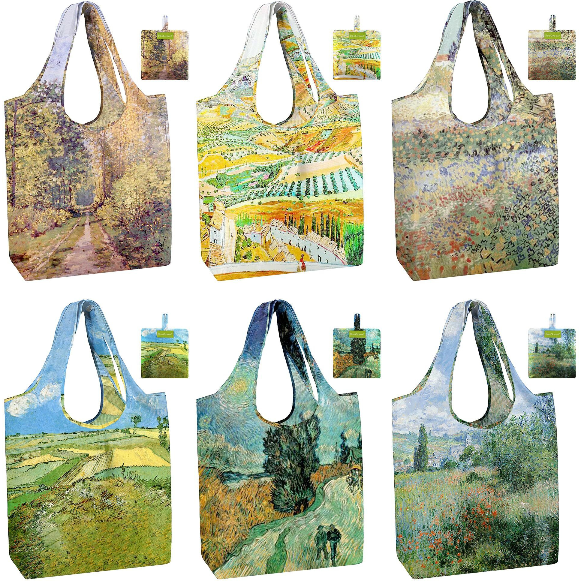 Beegreen Oil Painting Reusable Grocery Bags 6 Pack, Heavy Duty Totes For Women, Foldable Grocery Bag Large Shopping Totes With Handles For Work, Travel, Gift, Polyester Washable Reusable Tote Bag