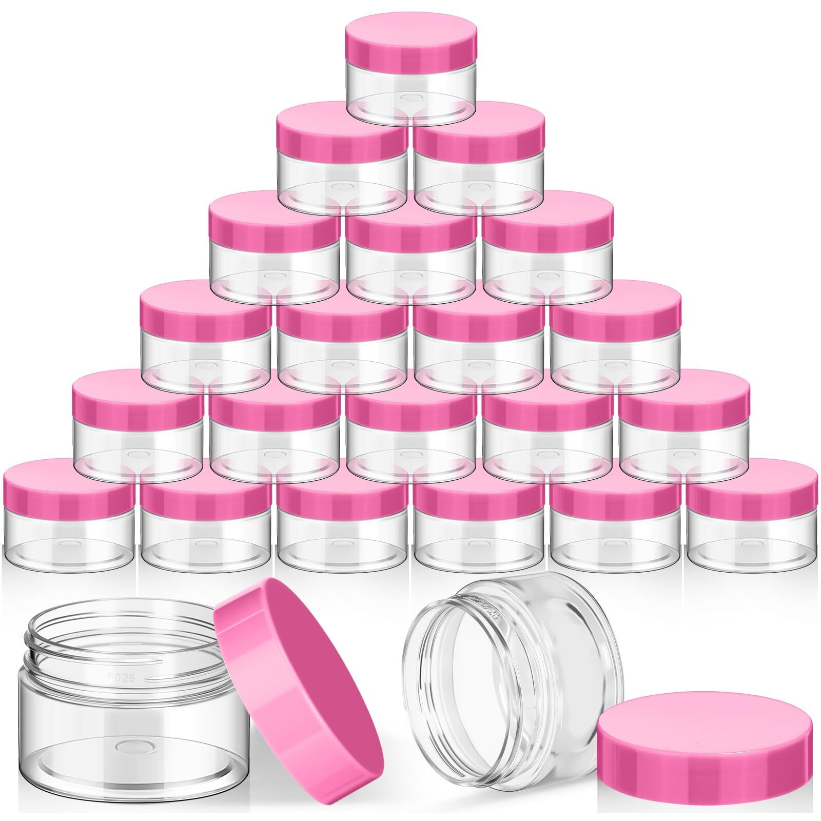 Satinior 24 Pieces Empty Clear Plastic Jars With Lids Round Storage Containers Wide Mouth For Beauty Product Cosmetic Cream Lotion Liquid Butter Craft And Food(Pink Lid,1 Oz)