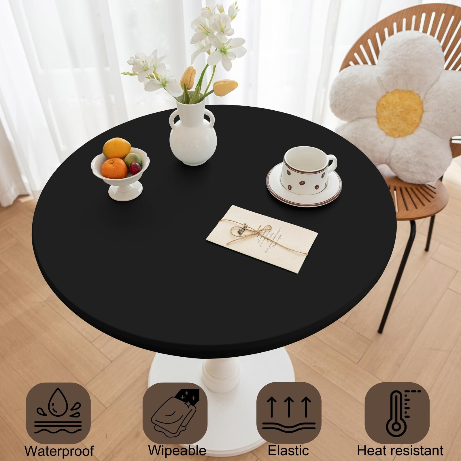 Huierxun Round Fitted Pu Tablecloth With High Elastic Edge 51 Inch Dia Waterproof Oil Proof Table Cloth Anti-Scald Stain-Resistant Wipeable Table Cover For Indoor Outdoor Picnic (Black,51"" Dia)