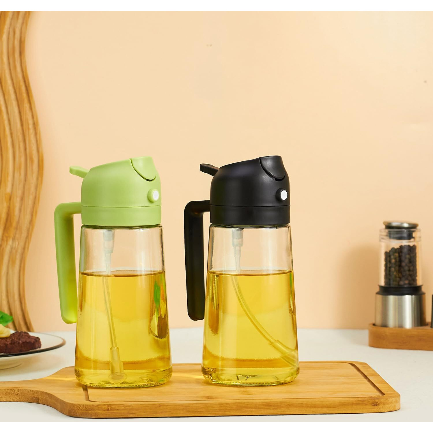 Olive Oil Sprayer Mister For Cooking,Olive Oil Dispenser Bottle 2 In 1,17Oz Oil Mister Spray Bottle,Premium Glass Oil Spritzer Bottle For Kitchen Air Fryer,Baking,Salad,Grilling,Bbq (Black 1 Pack)