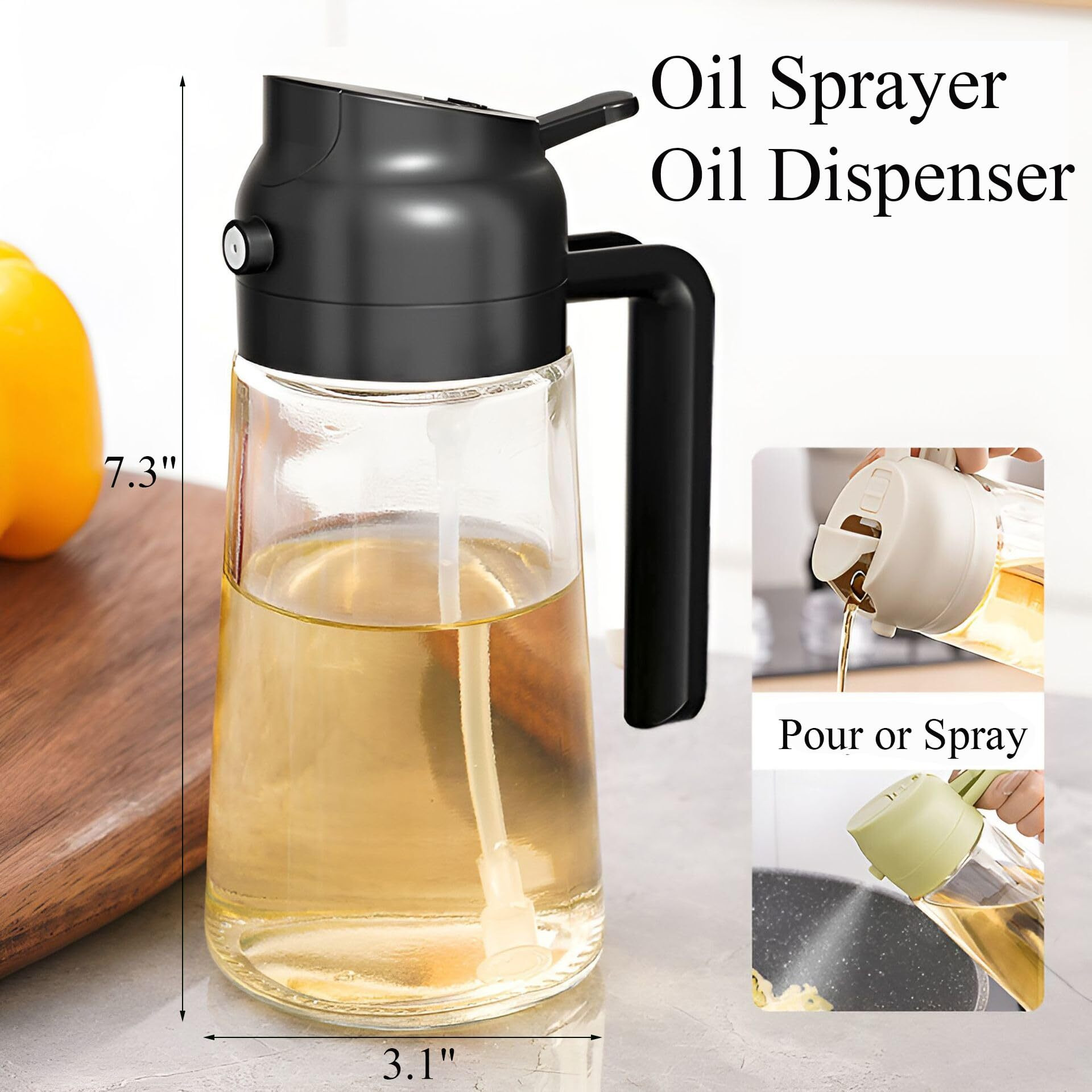 Olive Oil Sprayer Mister For Cooking,Olive Oil Dispenser Bottle 2 In 1,17Oz Oil Mister Spray Bottle,Premium Glass Oil Spritzer Bottle For Kitchen Air Fryer,Baking,Salad,Grilling,Bbq (Black 1 Pack)