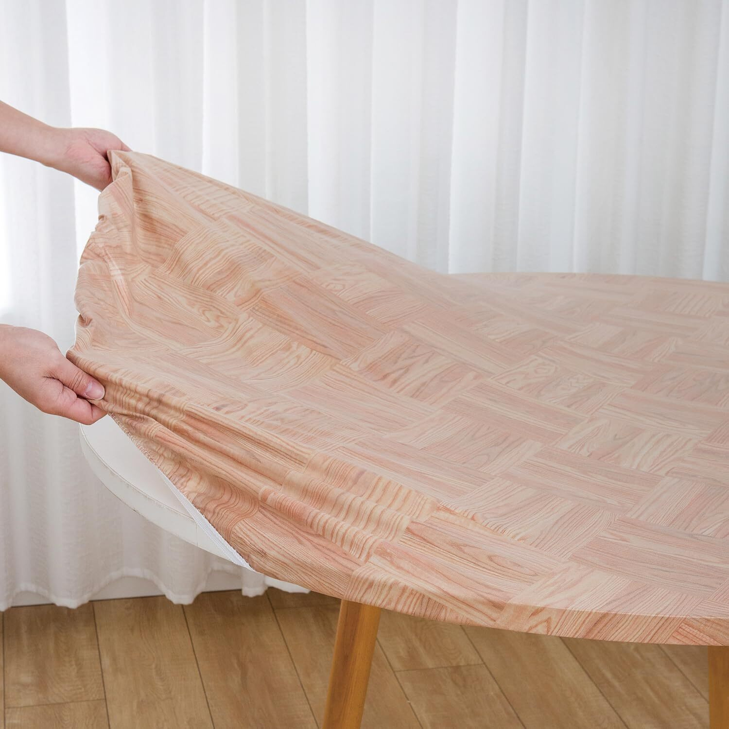 Nlmuvw Round Fitted Vinyl Tablecloth With Elastic Edge 100% Waterproof Oil Proof Super Elastic Table Cloth Wipe Clean Table Cover For Indoor And Outdoor, Square Wood, 37""- 54""
