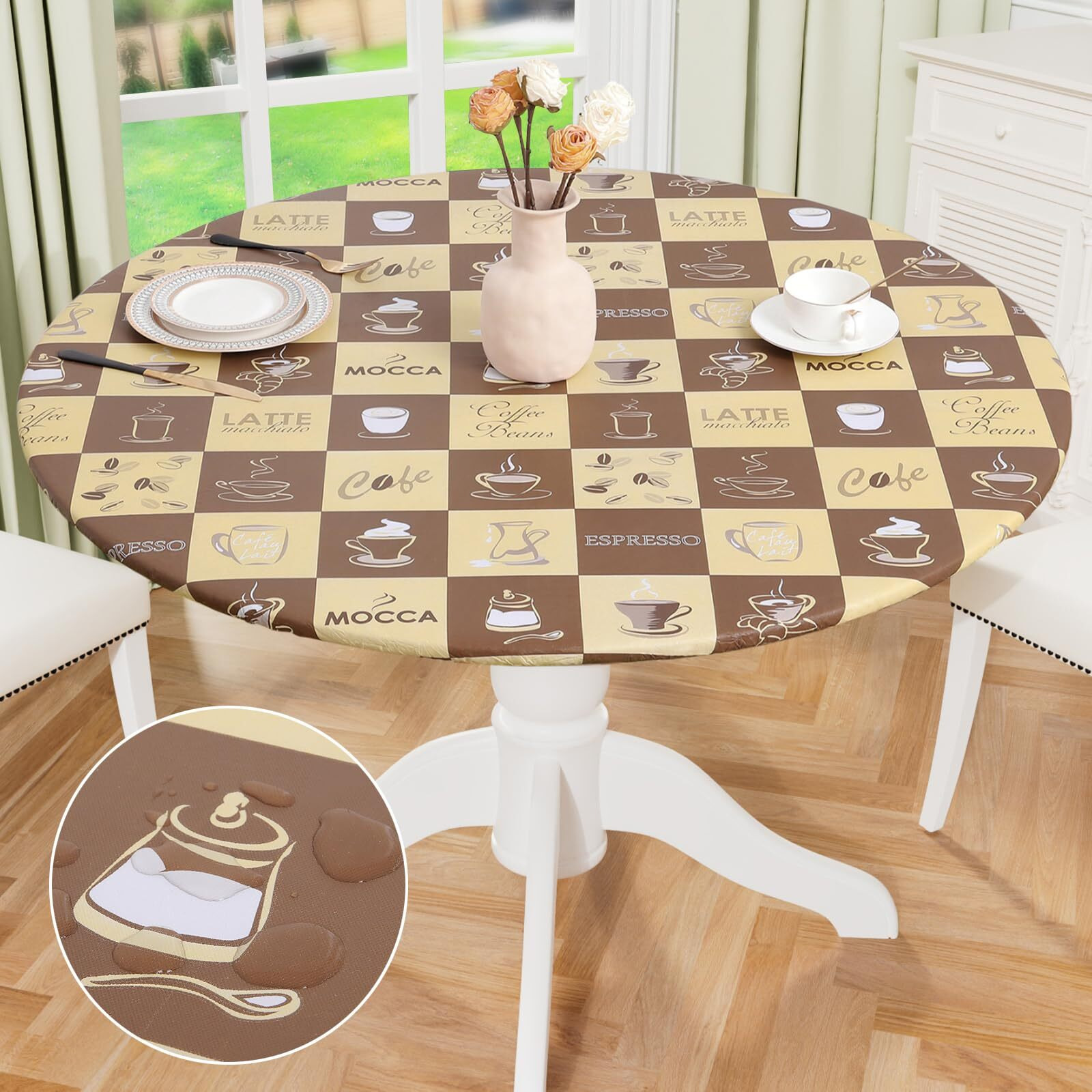 Misaya Round Fitted Tablecloth With Elastic Edge, 100% Waterproof Oil Proof Plastic Table Cover, Vinyl Flannel Backed Tablecloth Fits 36""-44"" Round Tables For Dinner, Outdoor, Picnic, Coffee