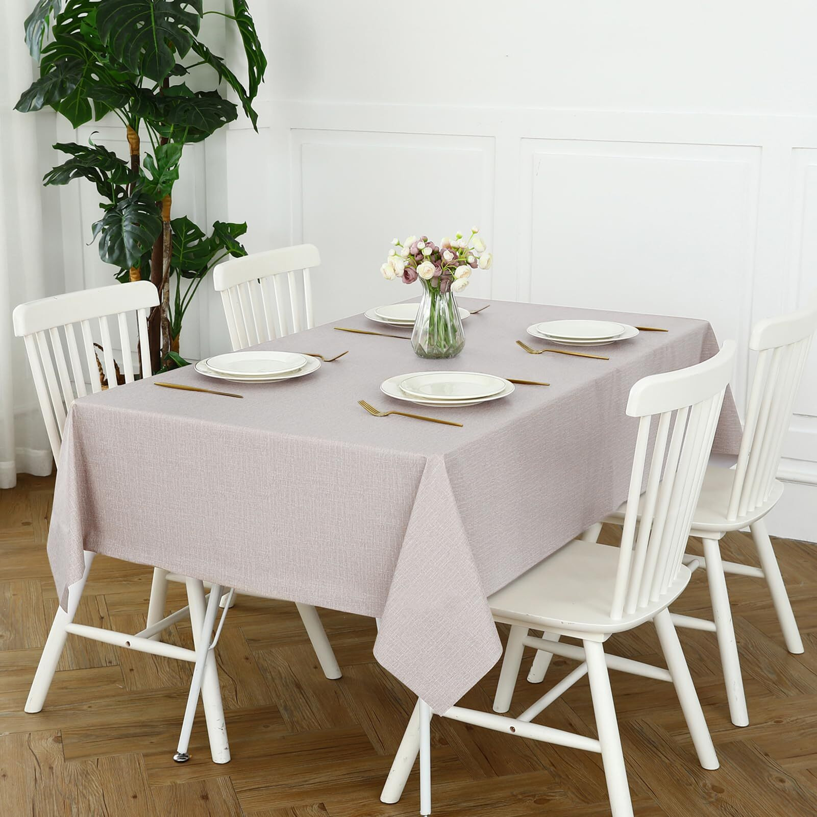 Romanstile 100% Waterproof Pvc Tablecloth, Square Oil Spill Proof Stain Resistant Vinyl Table Cloth, Wipe Clean Plastic Table Covers For Kitchen/Dining/Parties - 54 X 108 Inch, Beige
