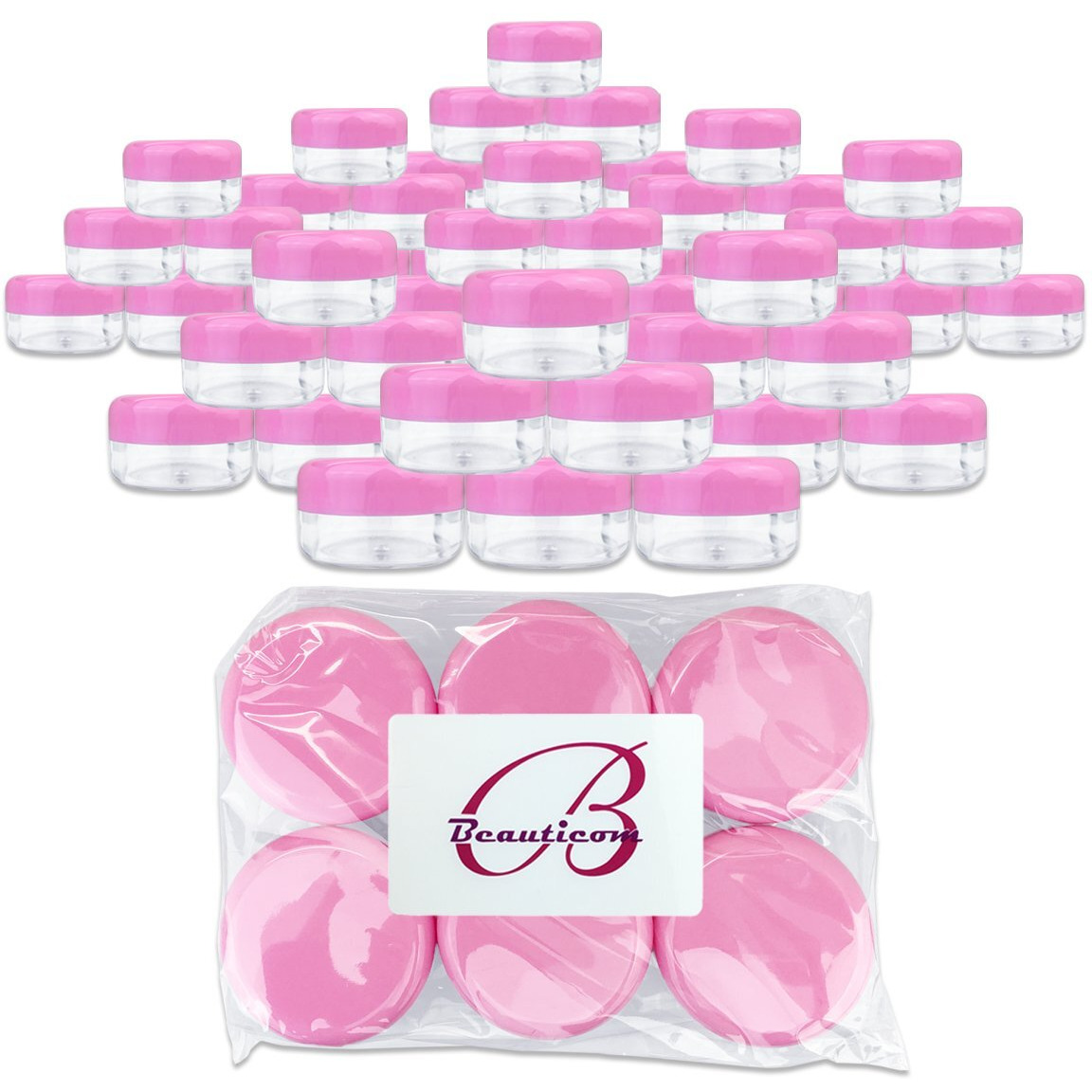 Beauticom 15 Gram/15Ml Empty Clear Small Round Travel Container Jars With Lids For Make Up Powders, Eyeshadow Pigments, Lotions, Creams, Lip Balm, Lip Gloss, Samples (60 Pieces, Pink Lid)