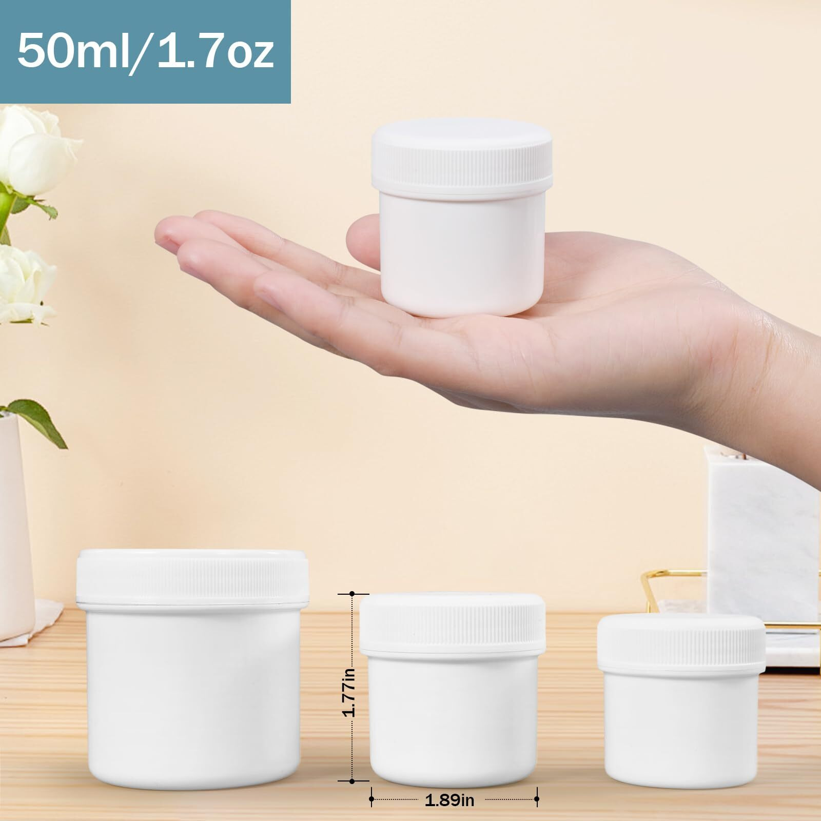 Asevat 6 Pack Airtight Plastic Jars, Leak-Proof Travel Size Jar | Refillable Cosmetic Containers For Creams, Lotions, Tsa-Approved Clear Jars With Secure Lids (1.7Oz, White)