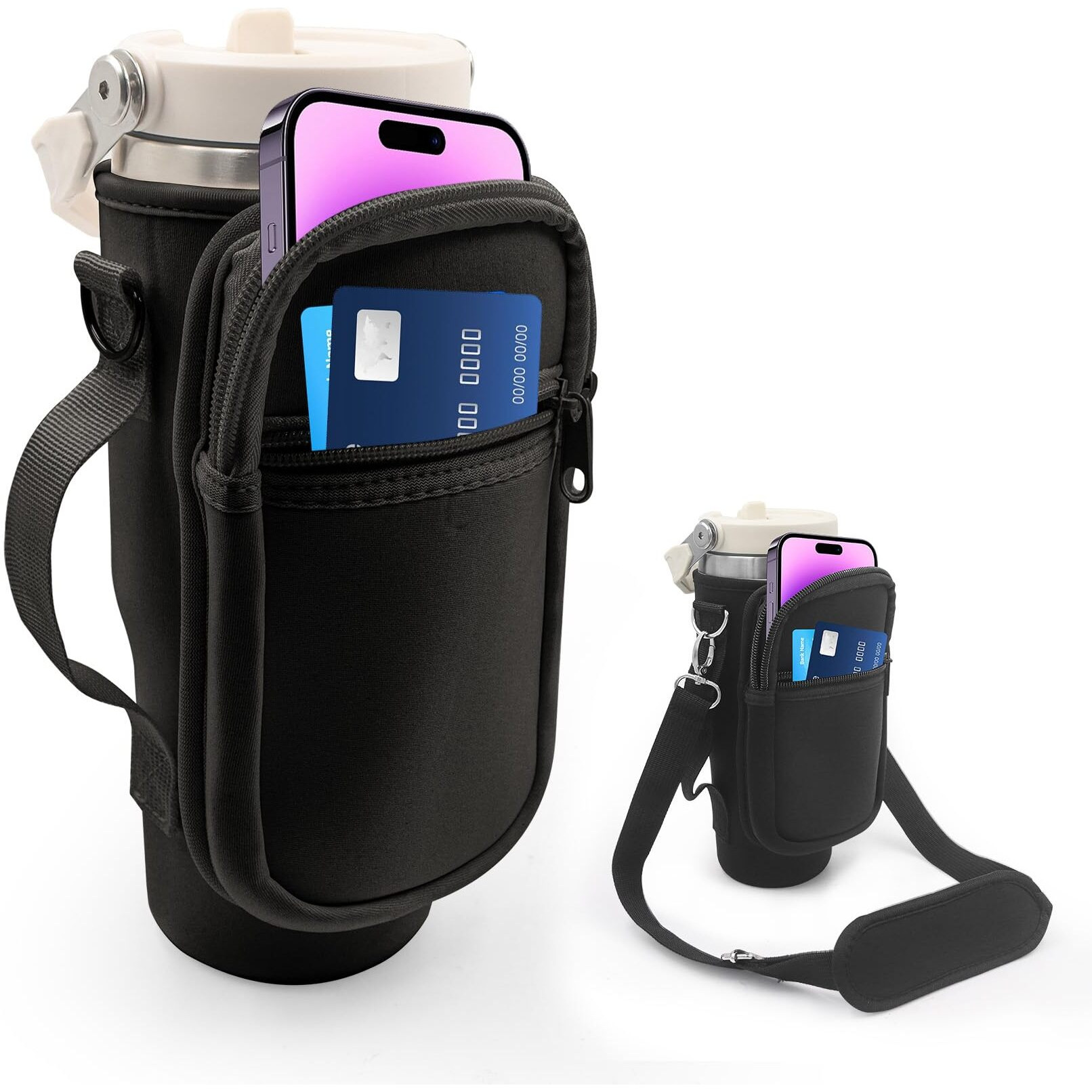 For Stanley Iceflow Flip Straw Tumbler 30 Oz, Water Bottle Cup Holder Cover Carrier Sling Bag With Strap, Pouch Pocket For Phone / Accessories, Add Handle For Stanley Flip Straw, Neoprene (Black)