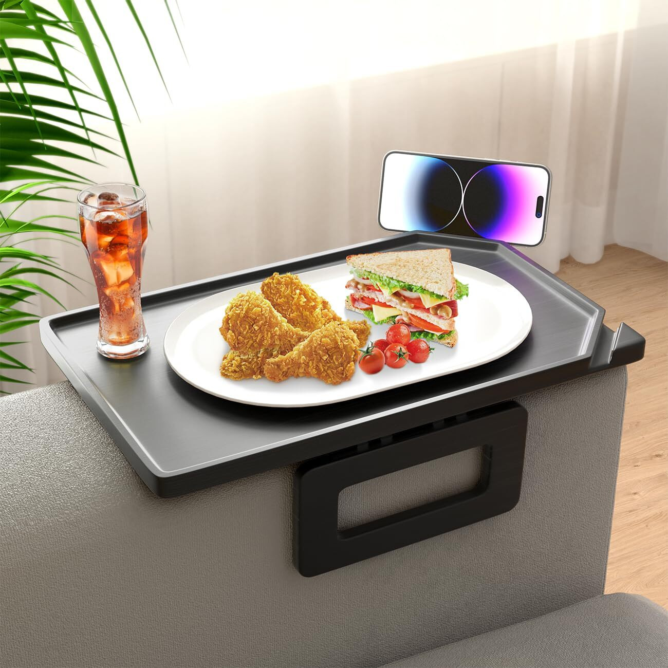 Smatdecis Couch Arm Tray Table Sofa Arm Clip, Armrest Tray Table Suitable For Home Drinks/Fast Food/Fruit Etc, Large Size Multi-Function Black(Dual Phone/Tablet Holder)