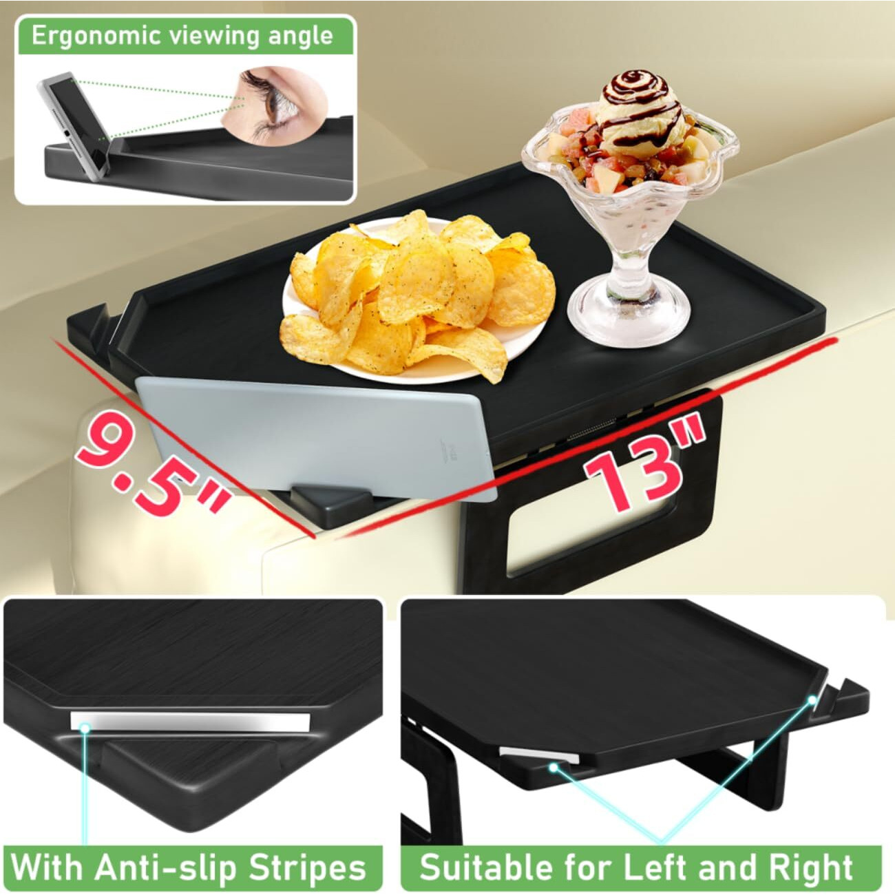 Smatdecis Couch Arm Tray Table Sofa Arm Clip, Armrest Tray Table Suitable For Home Drinks/Fast Food/Fruit Etc, Large Size Multi-Function Black(Dual Phone/Tablet Holder)