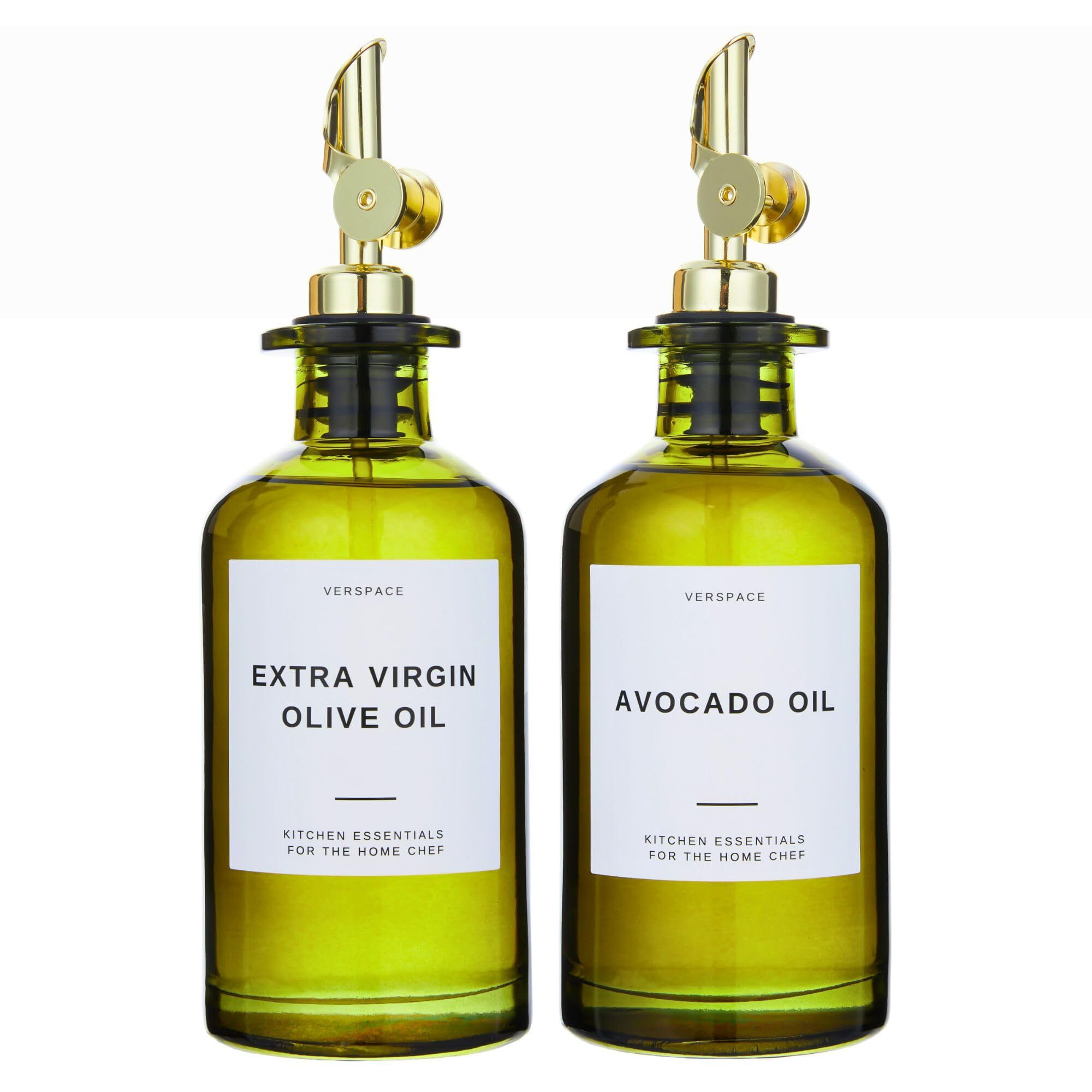 Green Glass Olive Oil Dispenser Bottle For Kitchen By Verpsace,Avocado Oil Dispenser Set, Modern Decor, Gold Kitchen Accessories For Home, Airbnb, Cafe (Gold, Set Of 2)