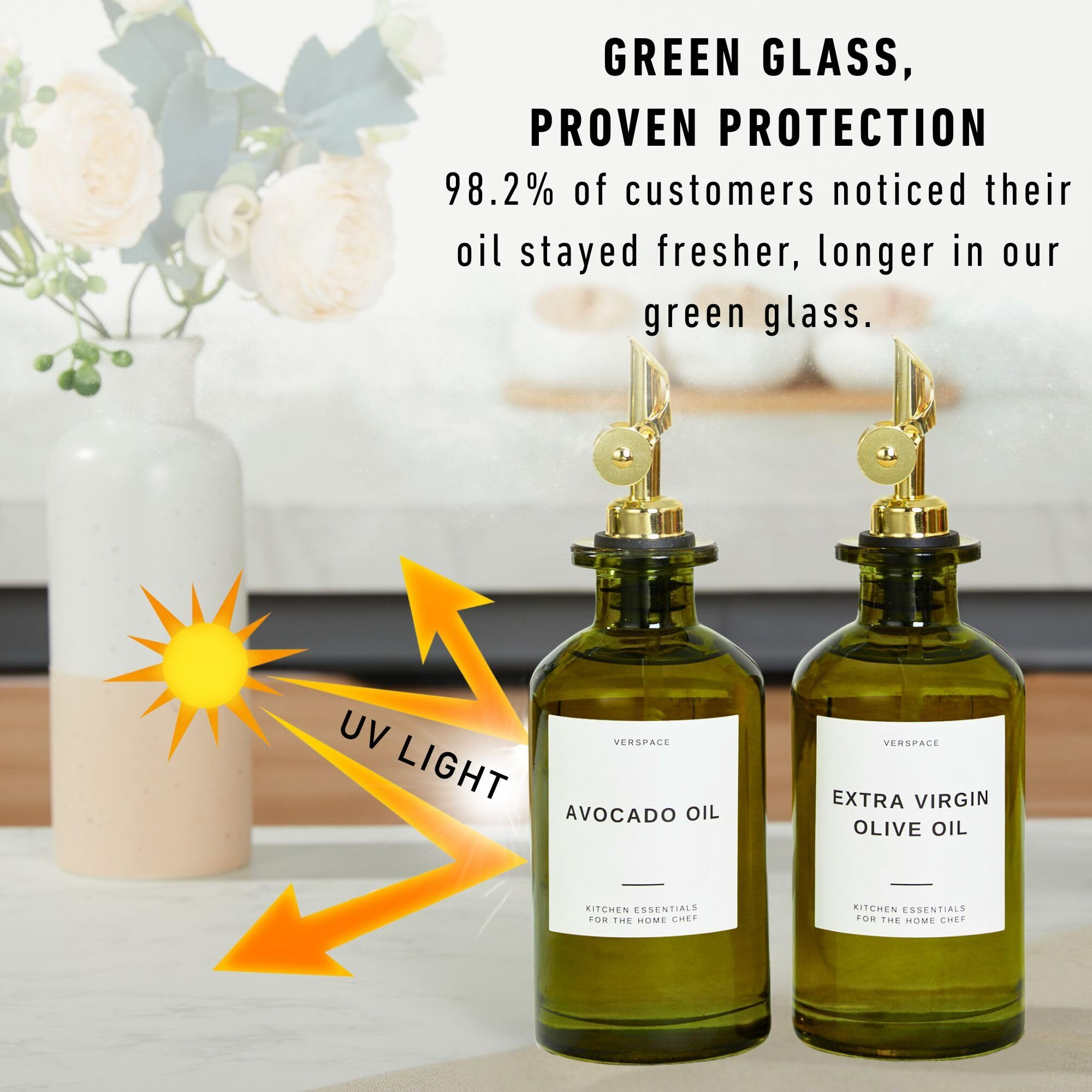 Green Glass Olive Oil Dispenser Bottle For Kitchen By Verpsace,Avocado Oil Dispenser Set, Modern Decor, Gold Kitchen Accessories For Home, Airbnb, Cafe (Gold, Set Of 2)