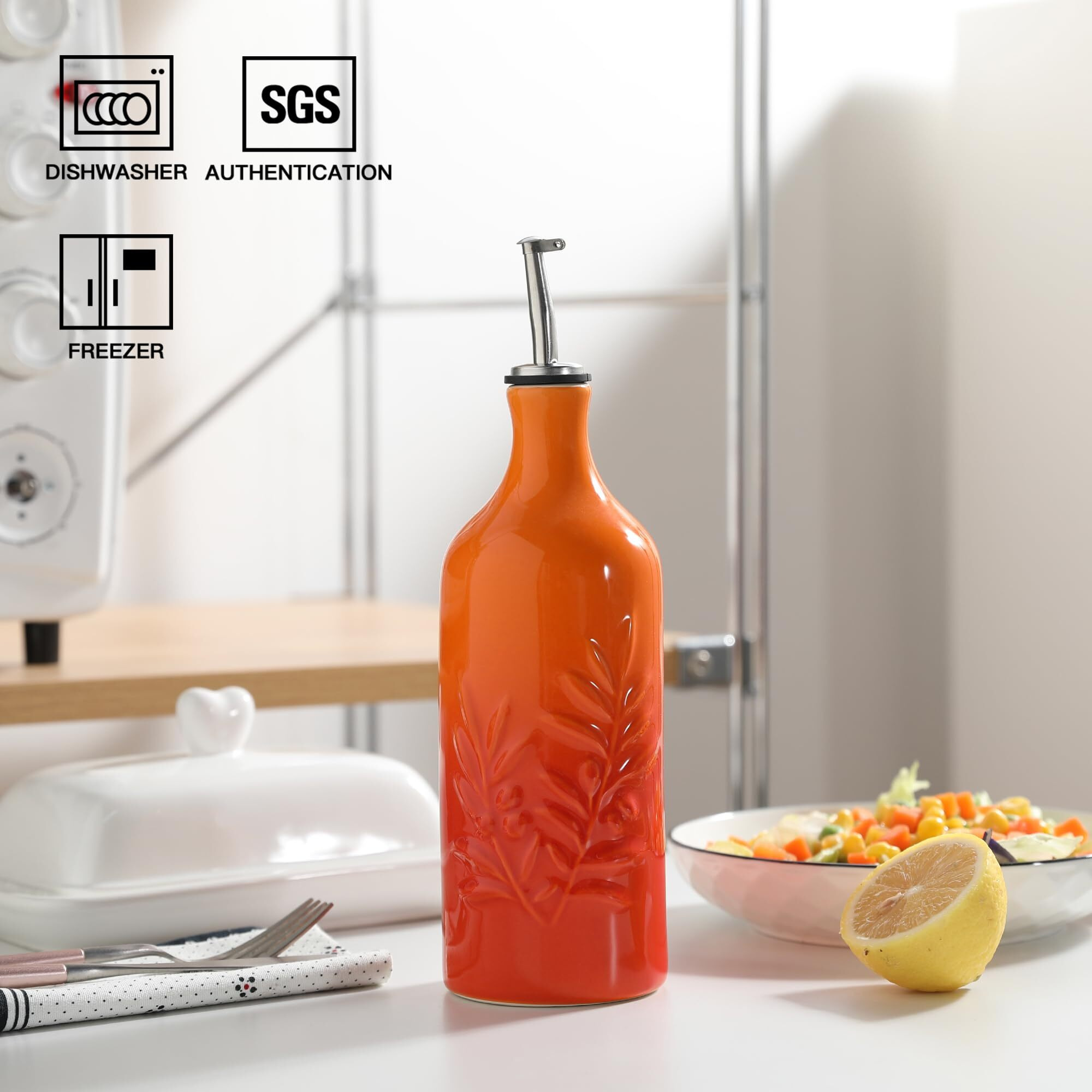 Sweejar Ceramic Olive Oil Dispenser Bottle, 20 Oz Relief Opaque Oil Cruet Protects To Reduce Oxidation, Suitable For Storage Soy Sauce, Coffee Syrup, Liquids, Set Of 1 (Gradient Orange)
