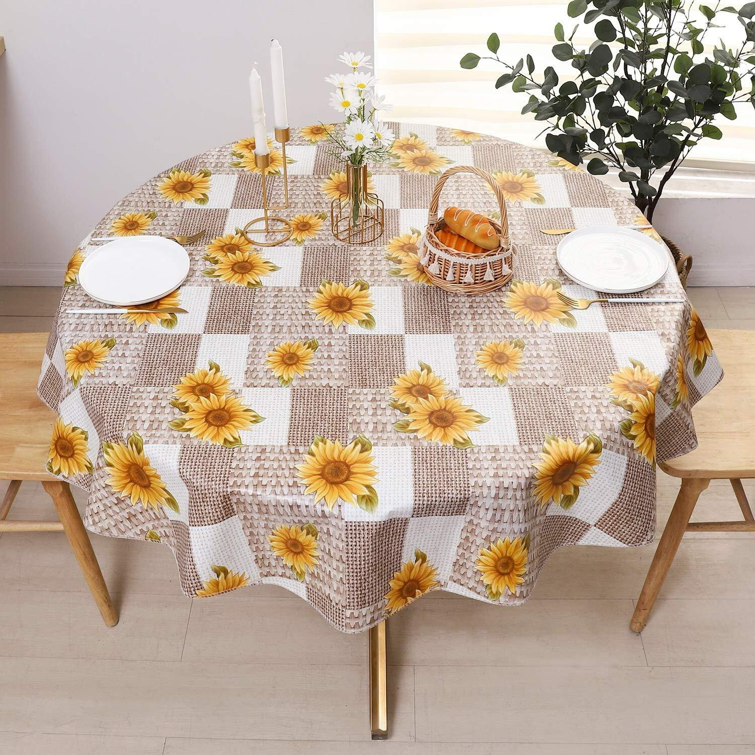 Vinyl Tablecloth With Flannel Backed Waterproof Oil-Proof Pvc Table Cloth Wipeable Spill-Proof Plastic Table Cover For Indoor And Outdoor(Sunflower, 60 X 60 Inch Round)
