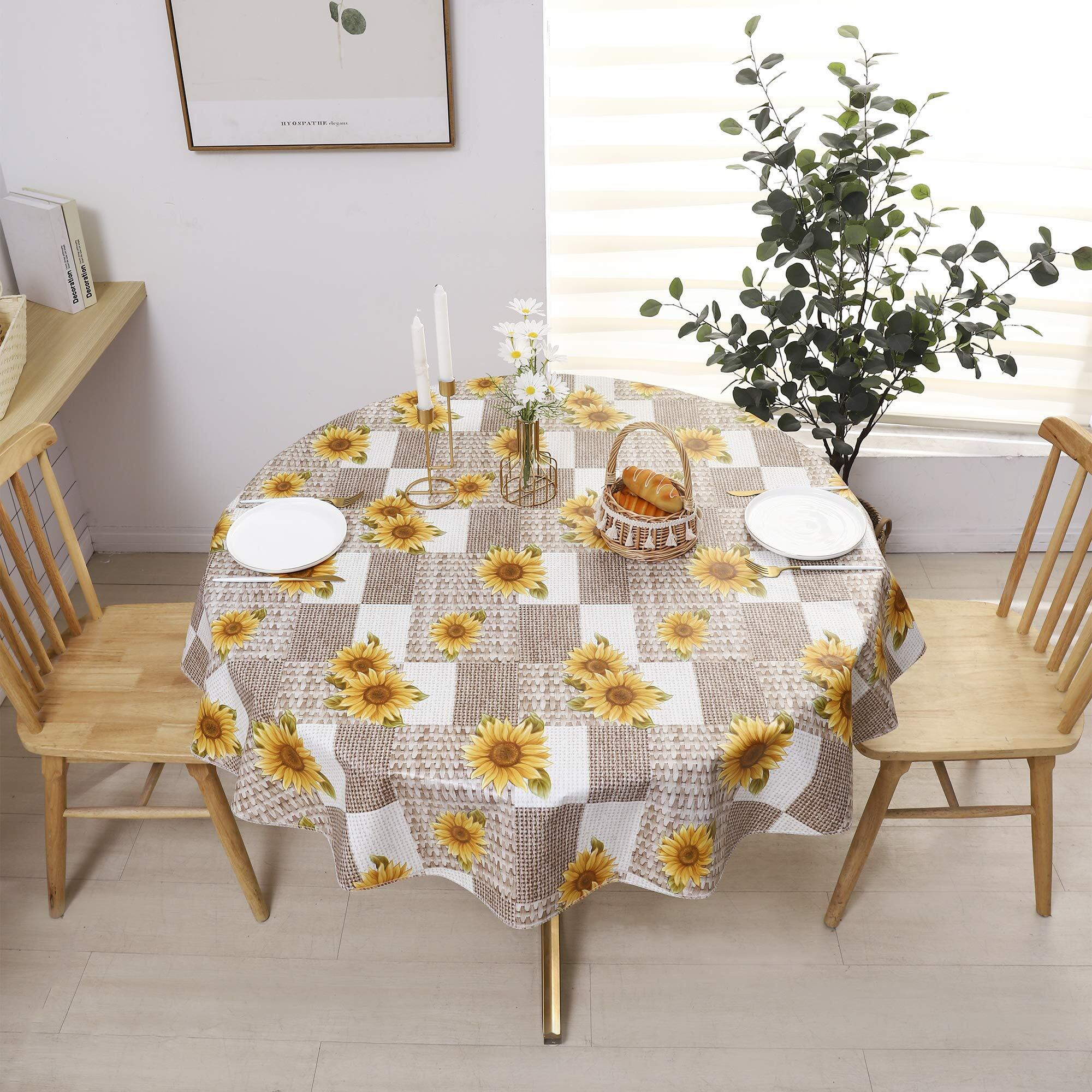 Vinyl Tablecloth With Flannel Backed Waterproof Oil-Proof Pvc Table Cloth Wipeable Spill-Proof Plastic Table Cover For Indoor And Outdoor(Sunflower, 60 X 60 Inch Round)