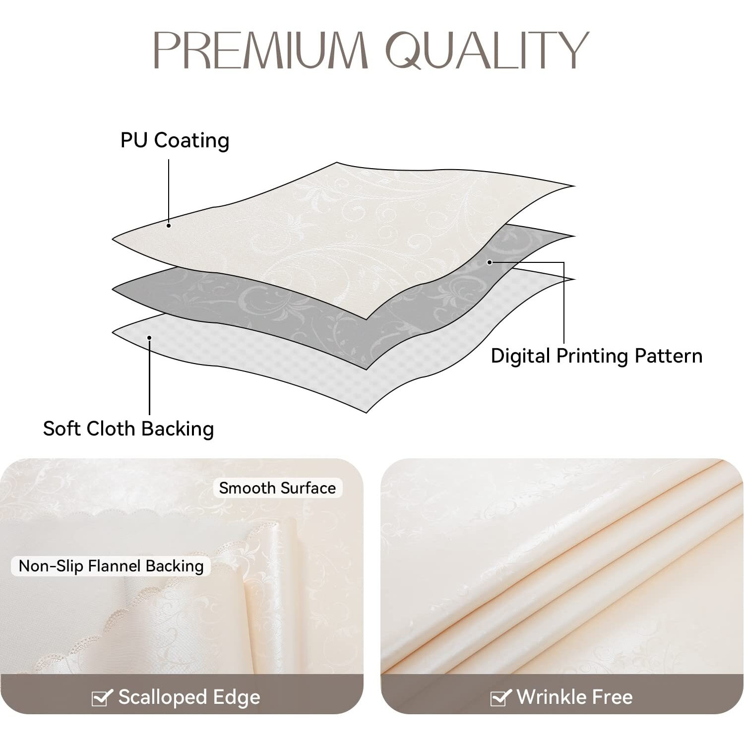 Romanstile Rectangle Vinyl Tablecloth,100% Waterproof Heavy Duty Oil Spill Proof Stain Resistant Plastic Pu Table Cover With Flannel Backing For Kitchen, Dining (Flower Beige, 60 X 120)