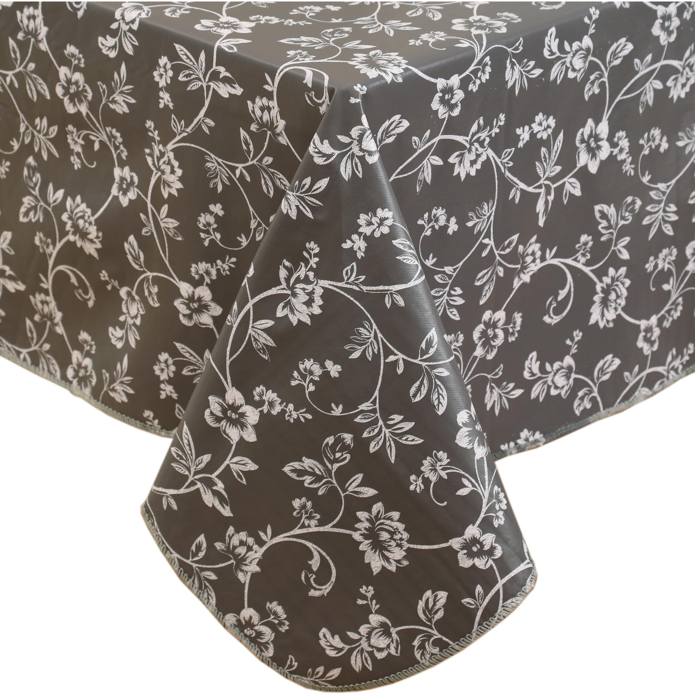 Heavy Duty Vinyl Tablecloth With Flannel Backing Waterproof Oil-Proof Plastic Table Cloth Stain-Resistant Wipeable Rectangle Or Square Table Cover For Indoor And Outdoor (Grey Floral