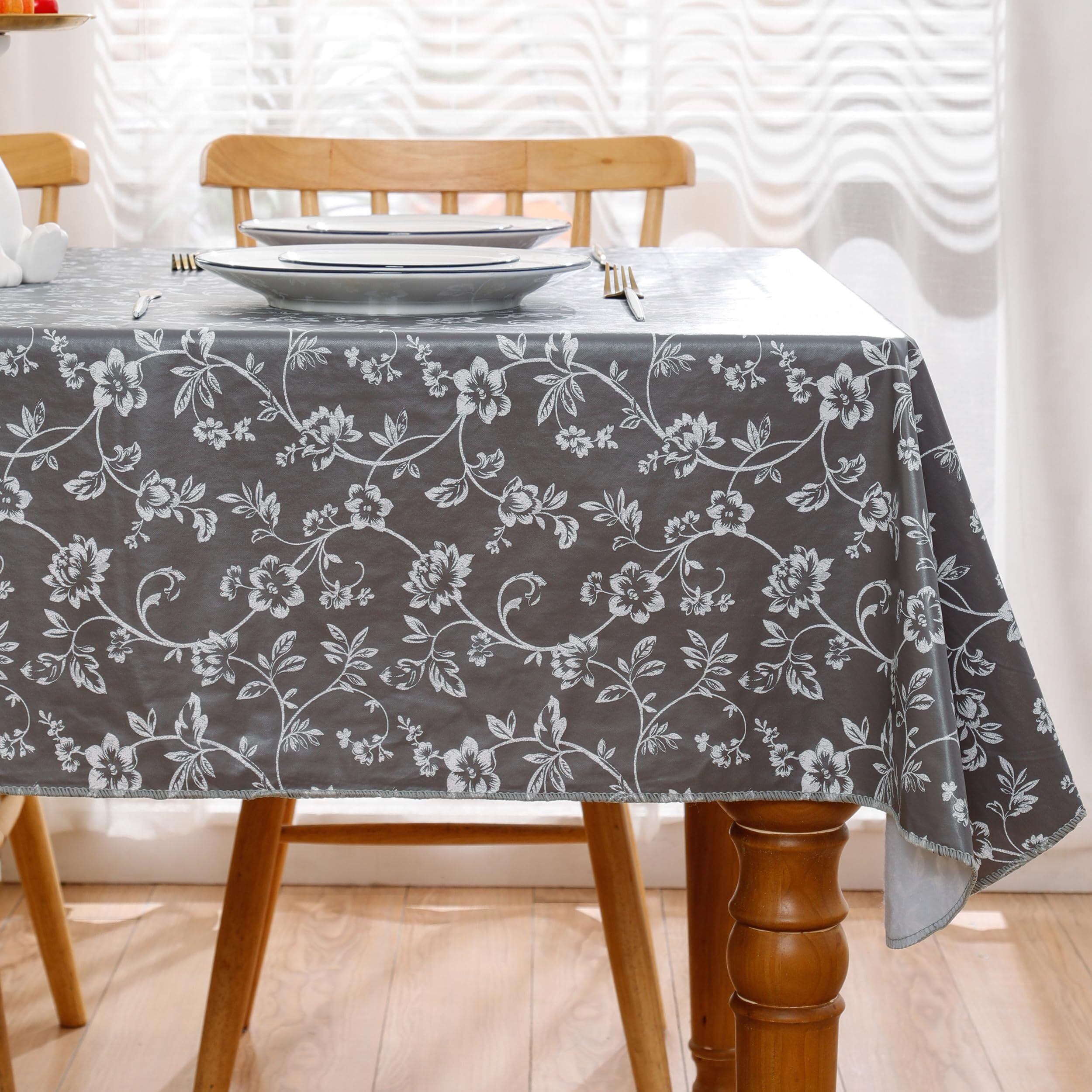Heavy Duty Vinyl Tablecloth With Flannel Backing Waterproof Oil-Proof Plastic Table Cloth Stain-Resistant Wipeable Rectangle Or Square Table Cover For Indoor And Outdoor (Grey Floral
