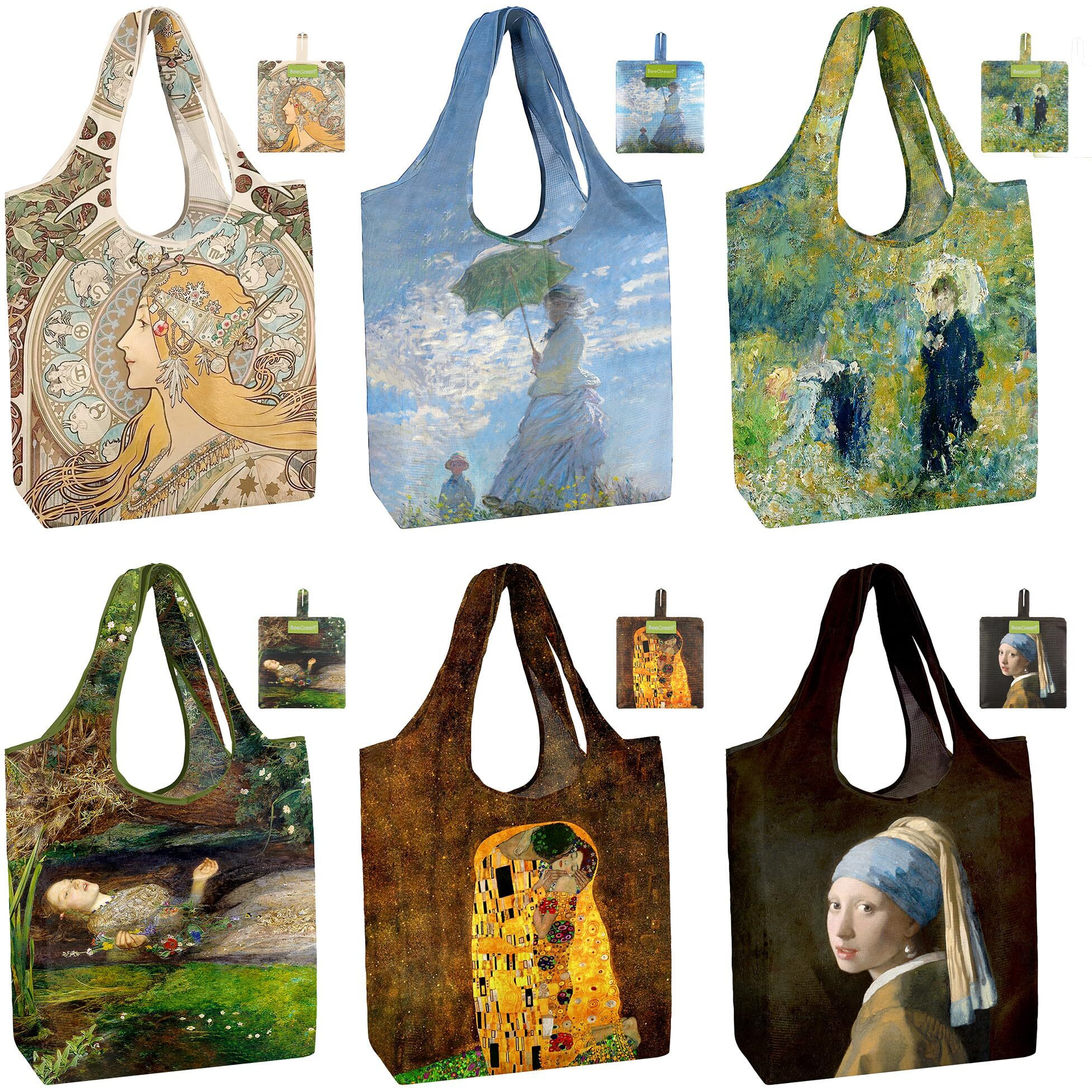 Beegreen Oil Painting Reusable Grocery Bags 6 Pack, Heavy Duty Totes For Women, Foldable Grocery Bag Large Shopping Totes With Handles For Work, Travel, Gift, Polyester Washable Reusable Tote Bag