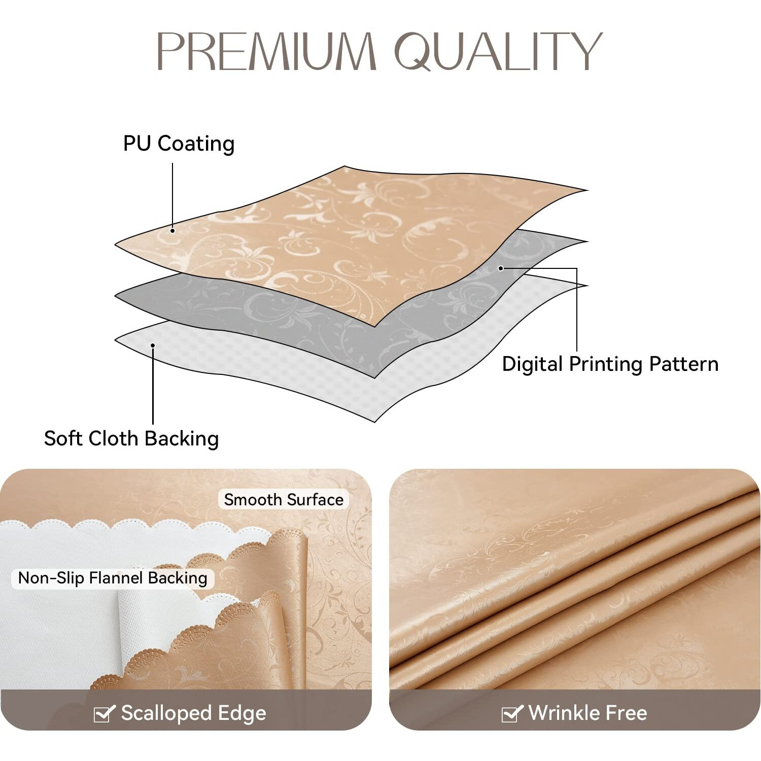 Romanstile Rectangle Vinyl Tablecloth,100% Waterproof Heavy Duty Oil Spill Proof Stain Resistant Plastic Pu Table Cover With Flannel Backing For Kitchen, Dining (Flower Champagne, 54 X 108)