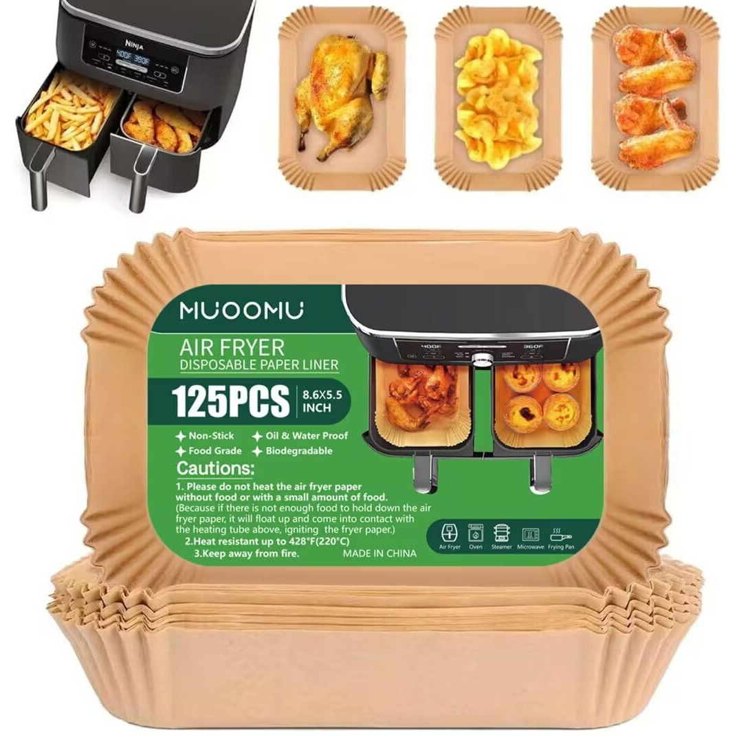Air Fryer Disposable Paper Liners For Ninja Dual Airfryer Accessories, Non-Stick Parchment Rectangular For Baking, Oil Proof, Water Proof, For Microwave Oven (125Pcs, 8.6In X 5.5In)